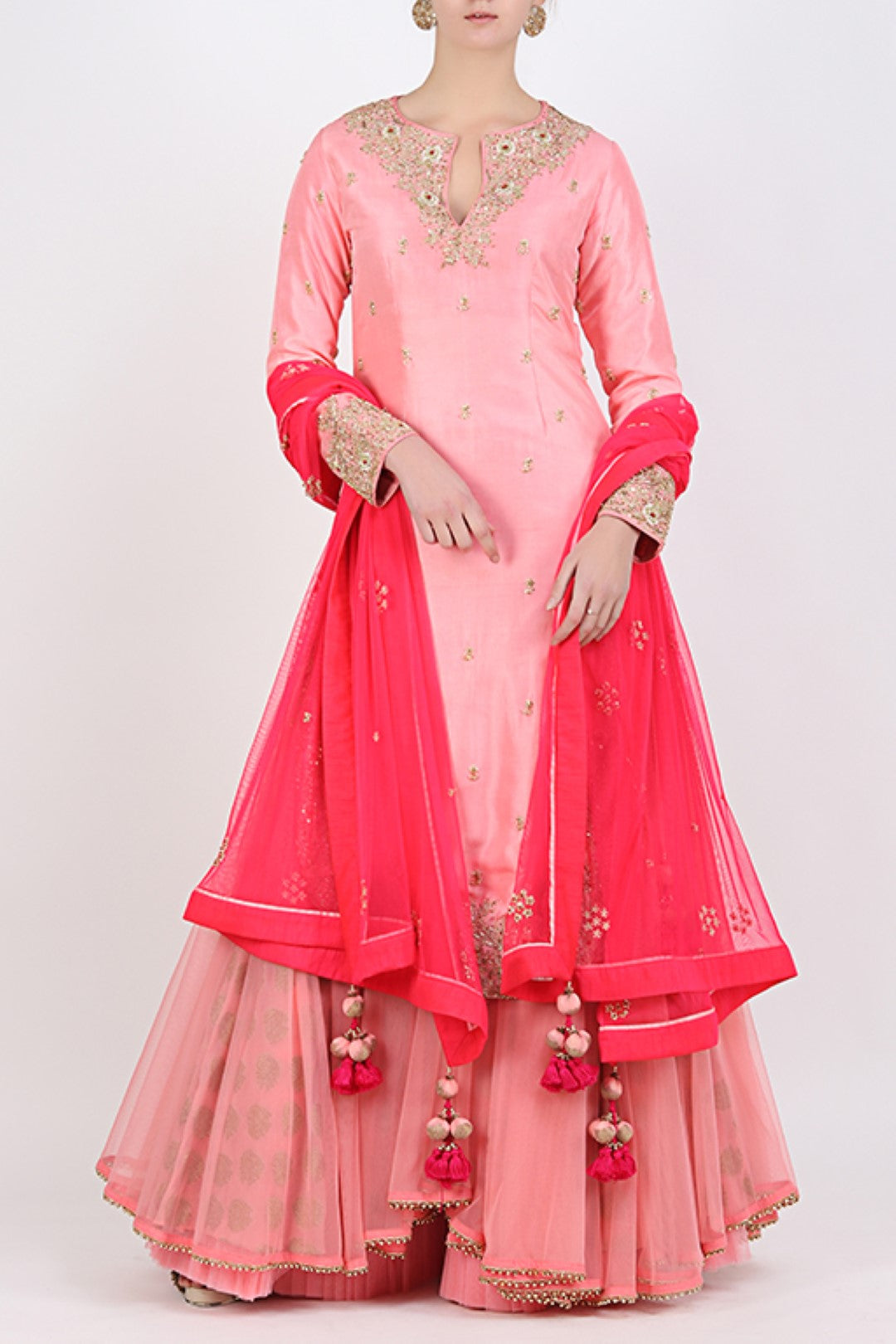 ROSE PINK EMBROIDERED APPLE CUT KURTA WITH DOUBLE LAYERED BROCADE SKIRT AND DUPATTA.