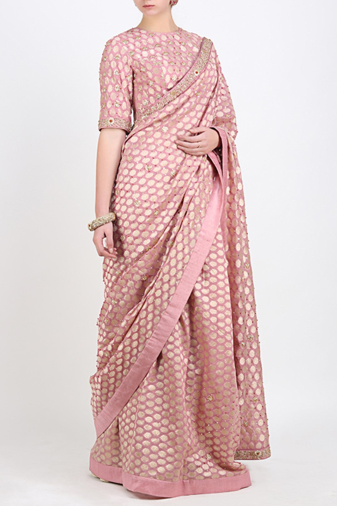 LAVENDER BROCADE EMBROIDERED SARI WITH EMBROIDERED BLOUSE.