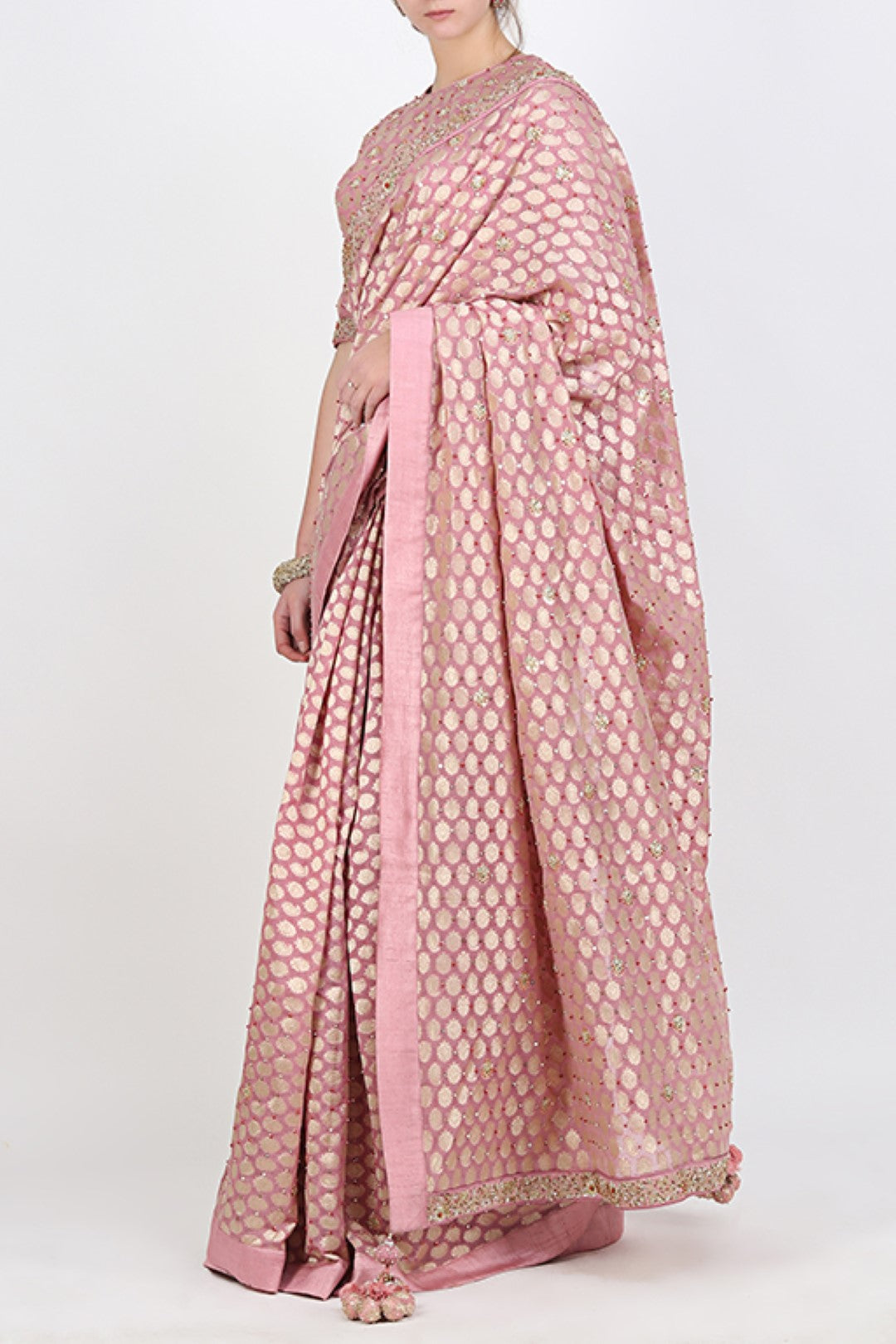 LAVENDER BROCADE EMBROIDERED SARI WITH EMBROIDERED BLOUSE.