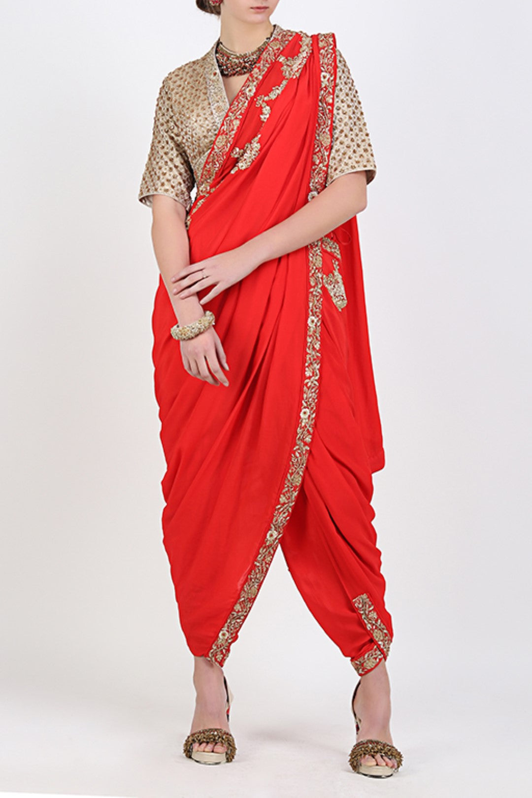 GHEE BROCADE EMBROIDERED BLOUSE WITH RED EMBROIDERED DHOTI SARI