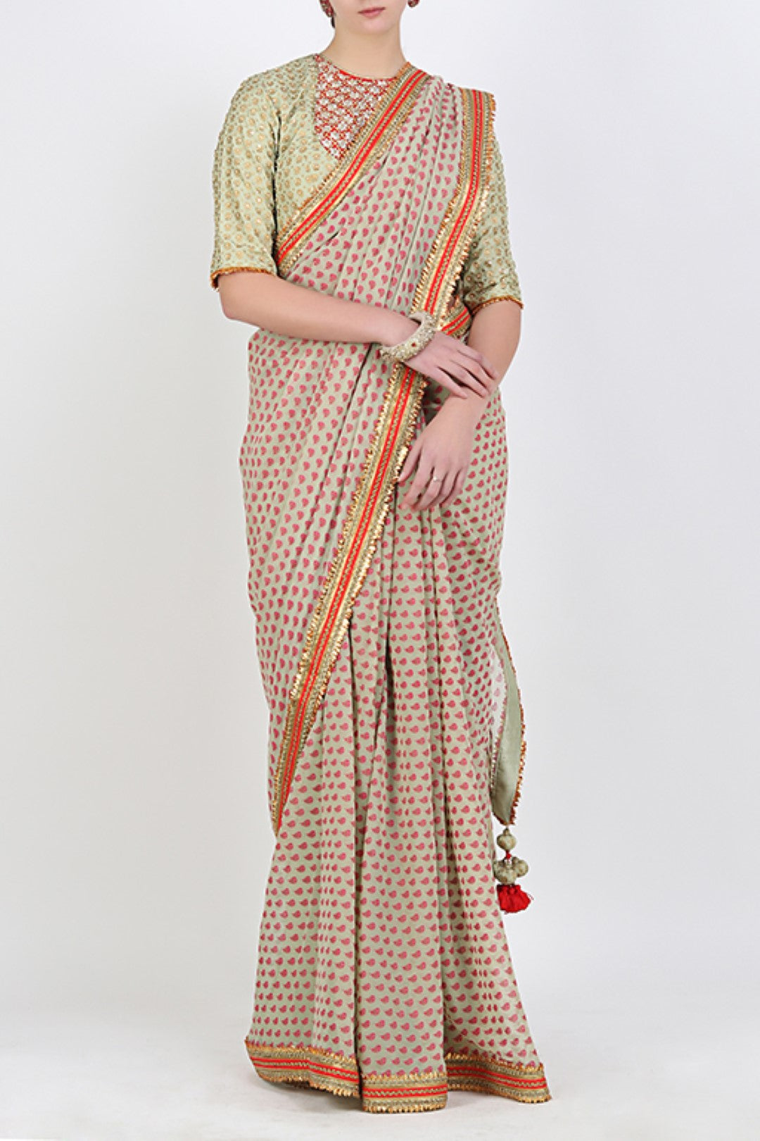 JADE SCREEN PRINTED EMBROIDERED BLOUSE WITH SCREEN PRINTED JADE SAREE.