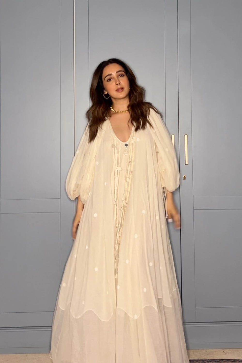 SANJANA BATRA In Cream Hand woven Polka Dot Jamdani Maxi Dress