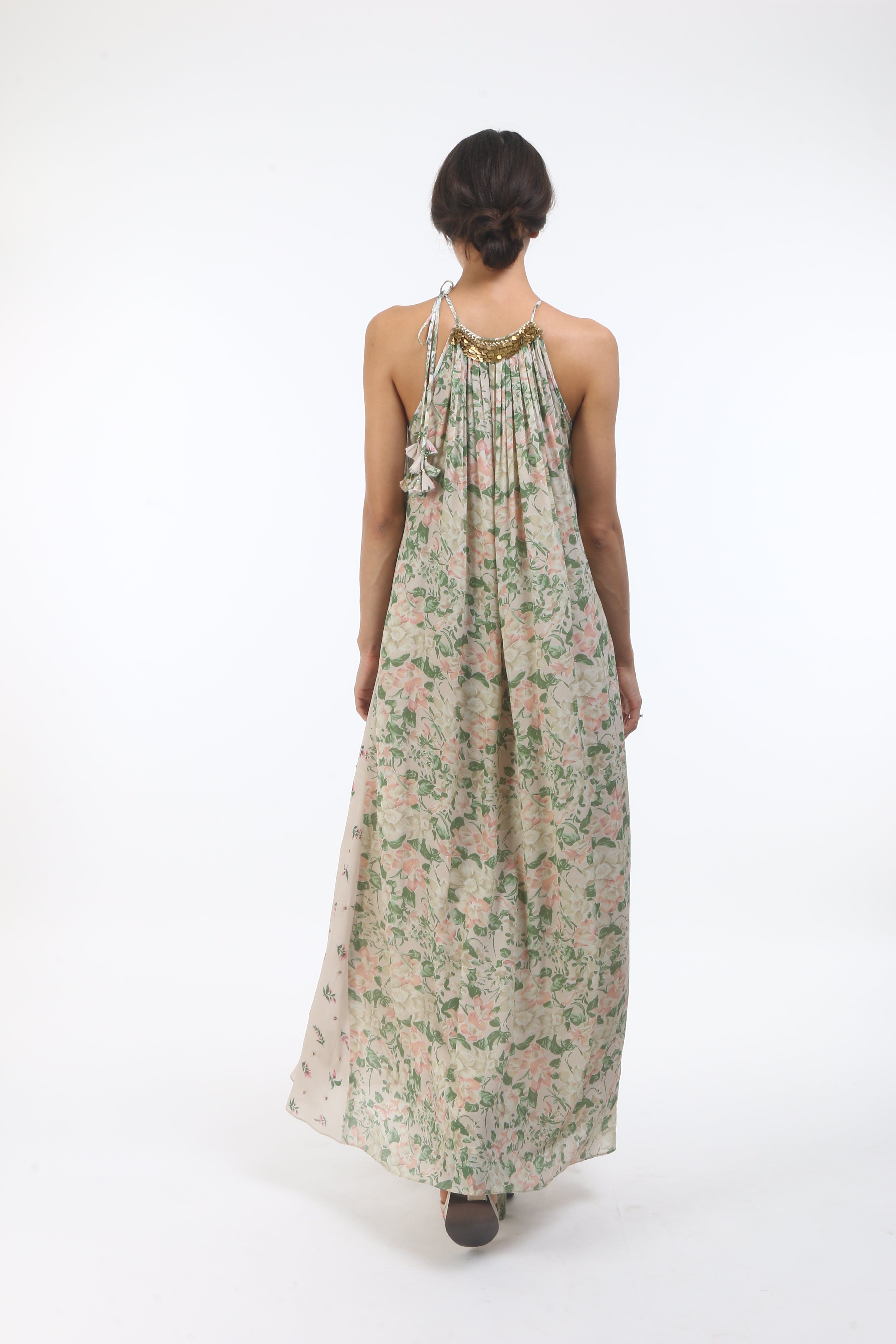 Bloom antique jade bibi jaal printed halter dress in crepe, with bouquet side godet’s and layered coin embroidered neckline.