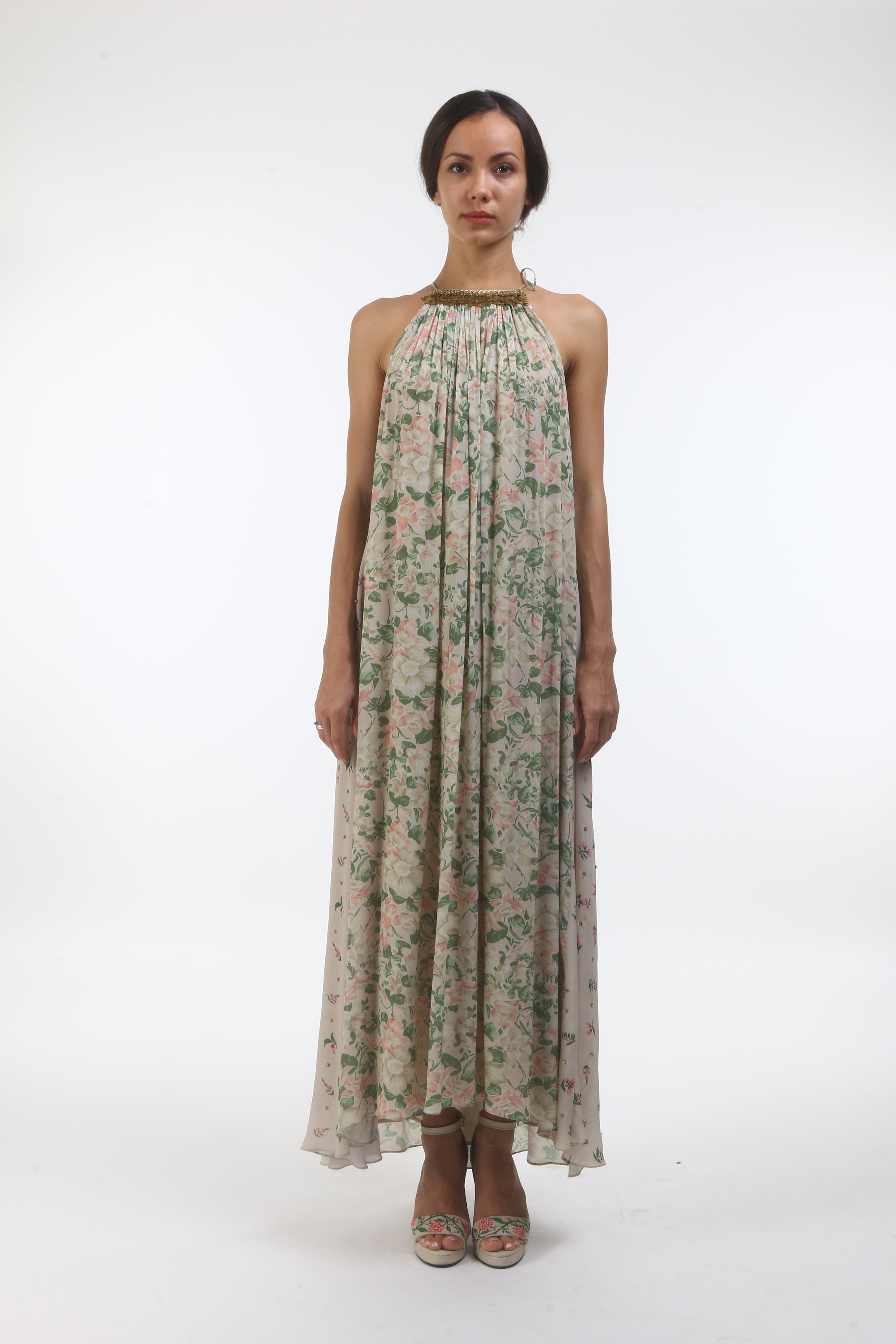 Bloom antique jade bibi jaal printed halter dress in crepe, with bouquet side godet’s and layered coin embroidered neckline.