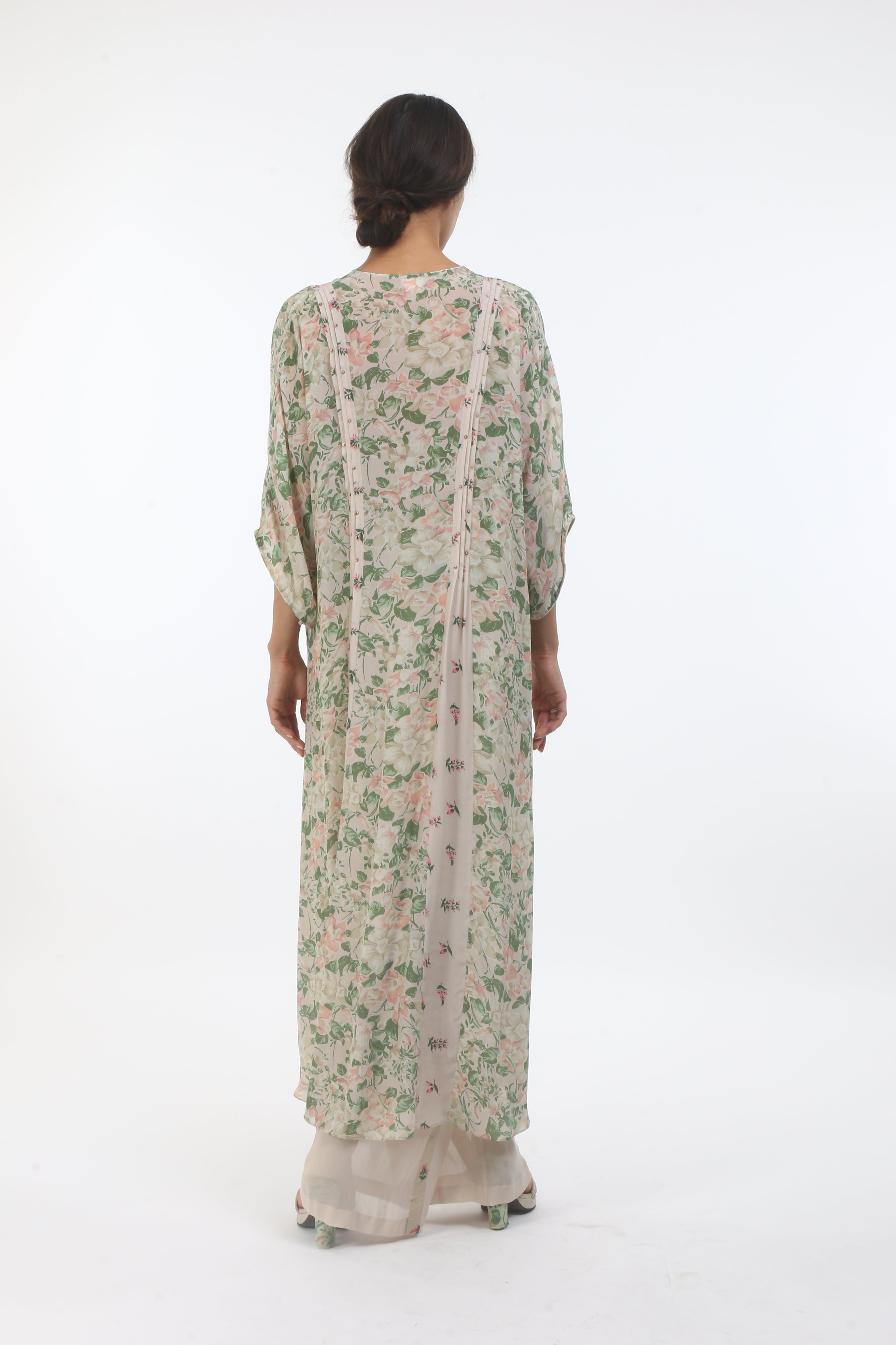 Bloom beige grey bibi jaal printed crepe kaftan with bouquet printed panels & pin tuck details, paired with a pair of straight pants with printed side panels.