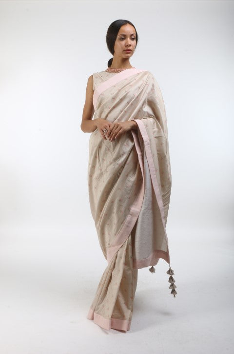 Bloom beige grey taj printed chanderi saree with printed cotton blouse in french knot embroidered neckline.
