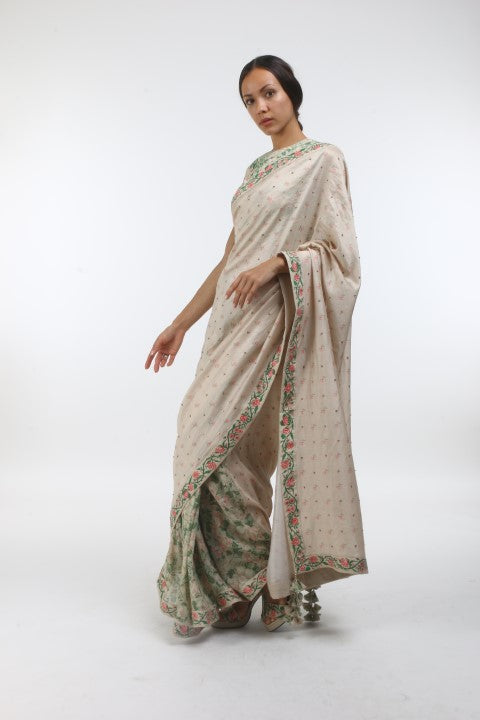 Bloom beige grey bibi jaal, taj & mumtaz bel printed  & embellished chanderi saree with printed & organza embroidered  cotton blouse.