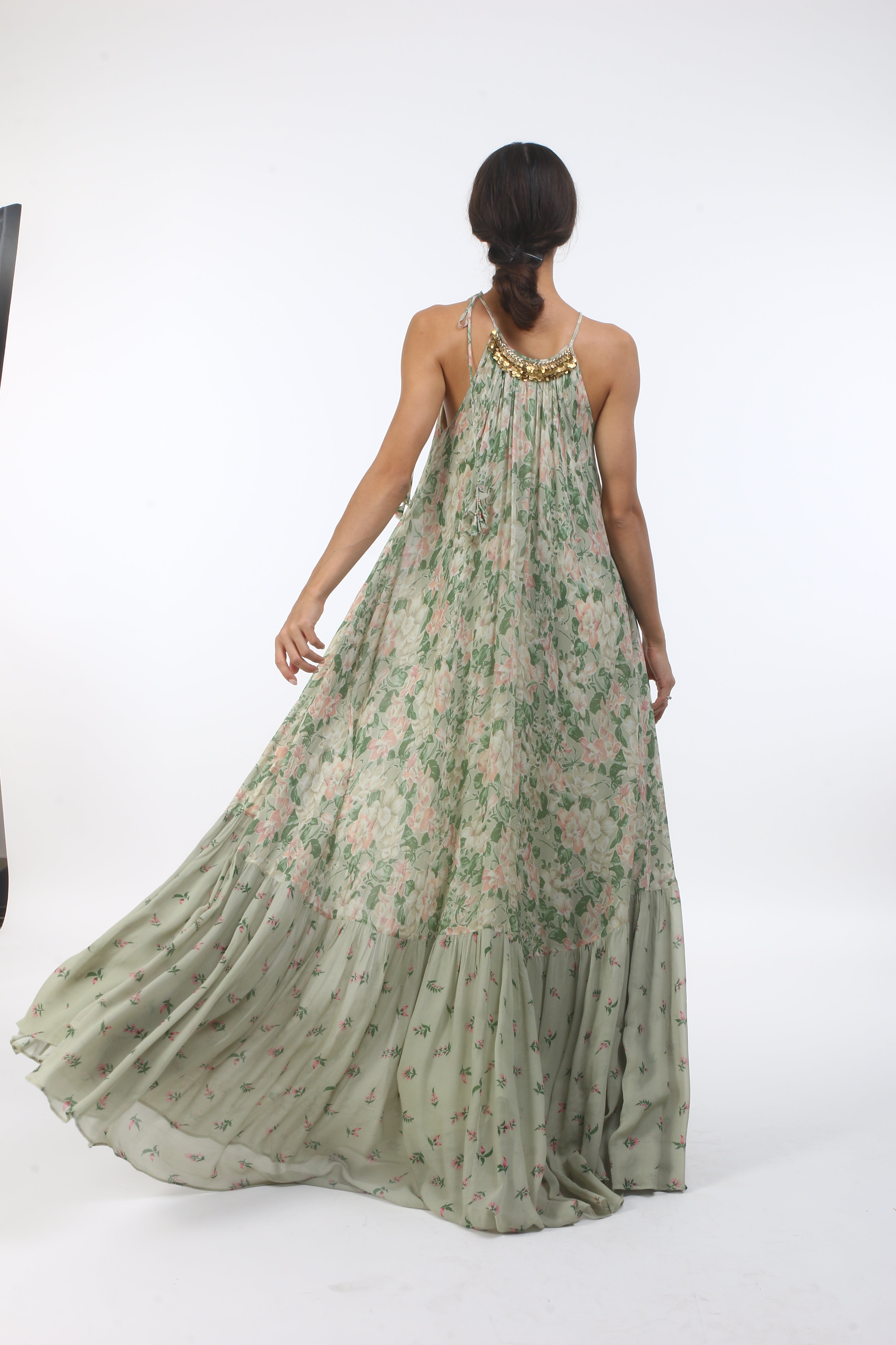 Bloom antique jade bibi jaal printed halter dress in georgette, with gathers and layered coin embroidered neckline.
