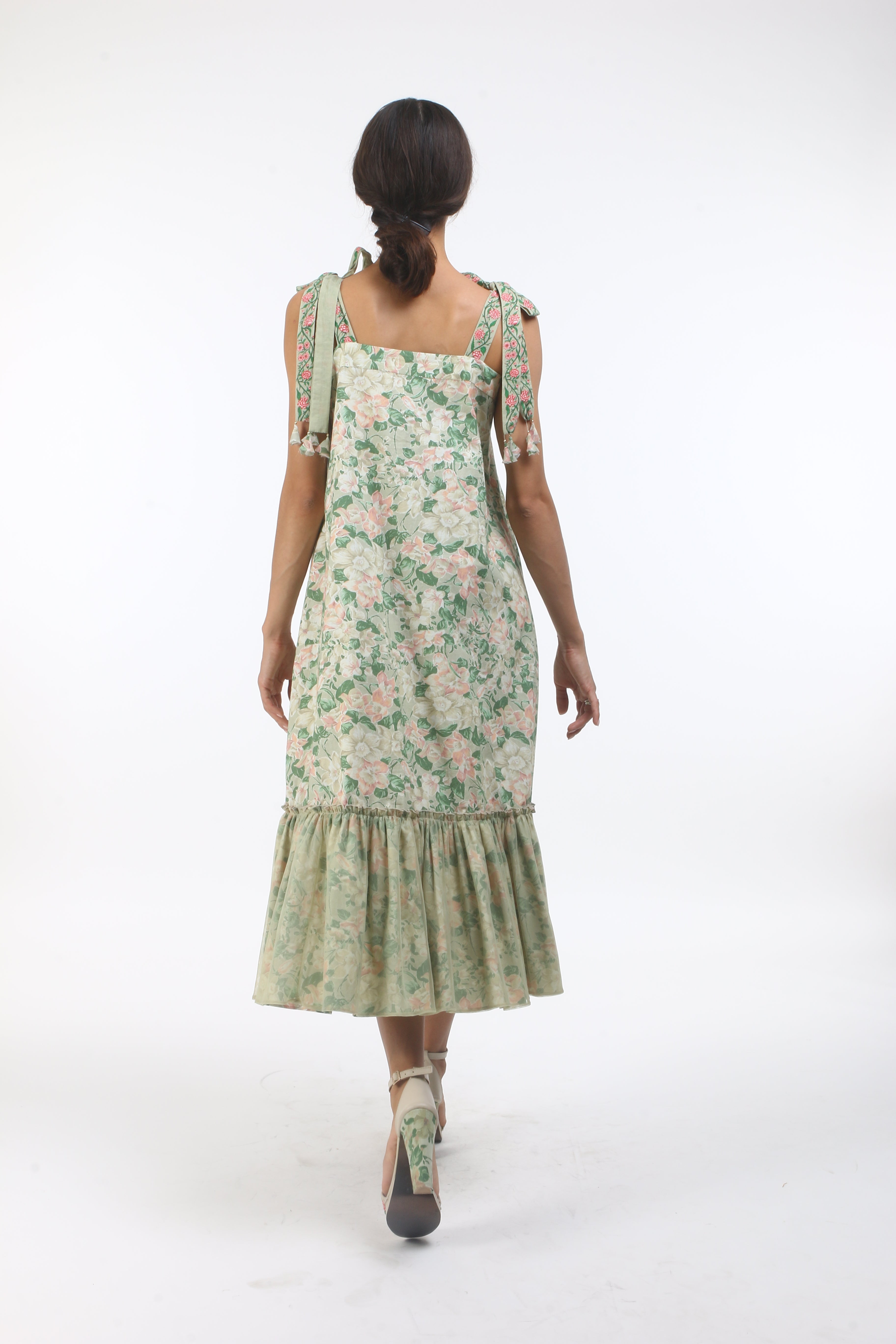 Bloom antique jade bibi jaal printed tie up dress with bloom tassels and tulle gathers.