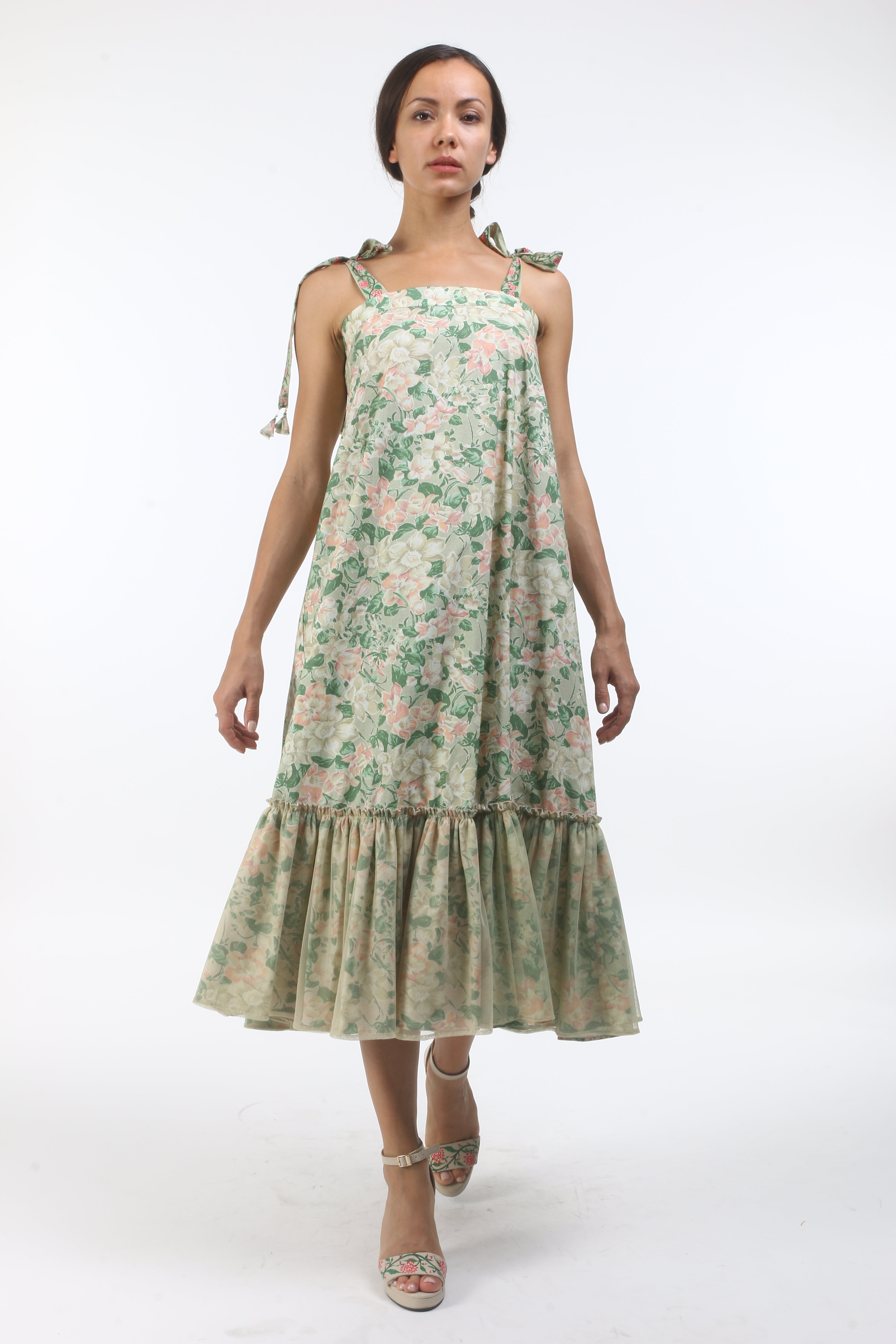 Bloom antique jade bibi jaal printed tie up dress with bloom tassels and tulle gathers.