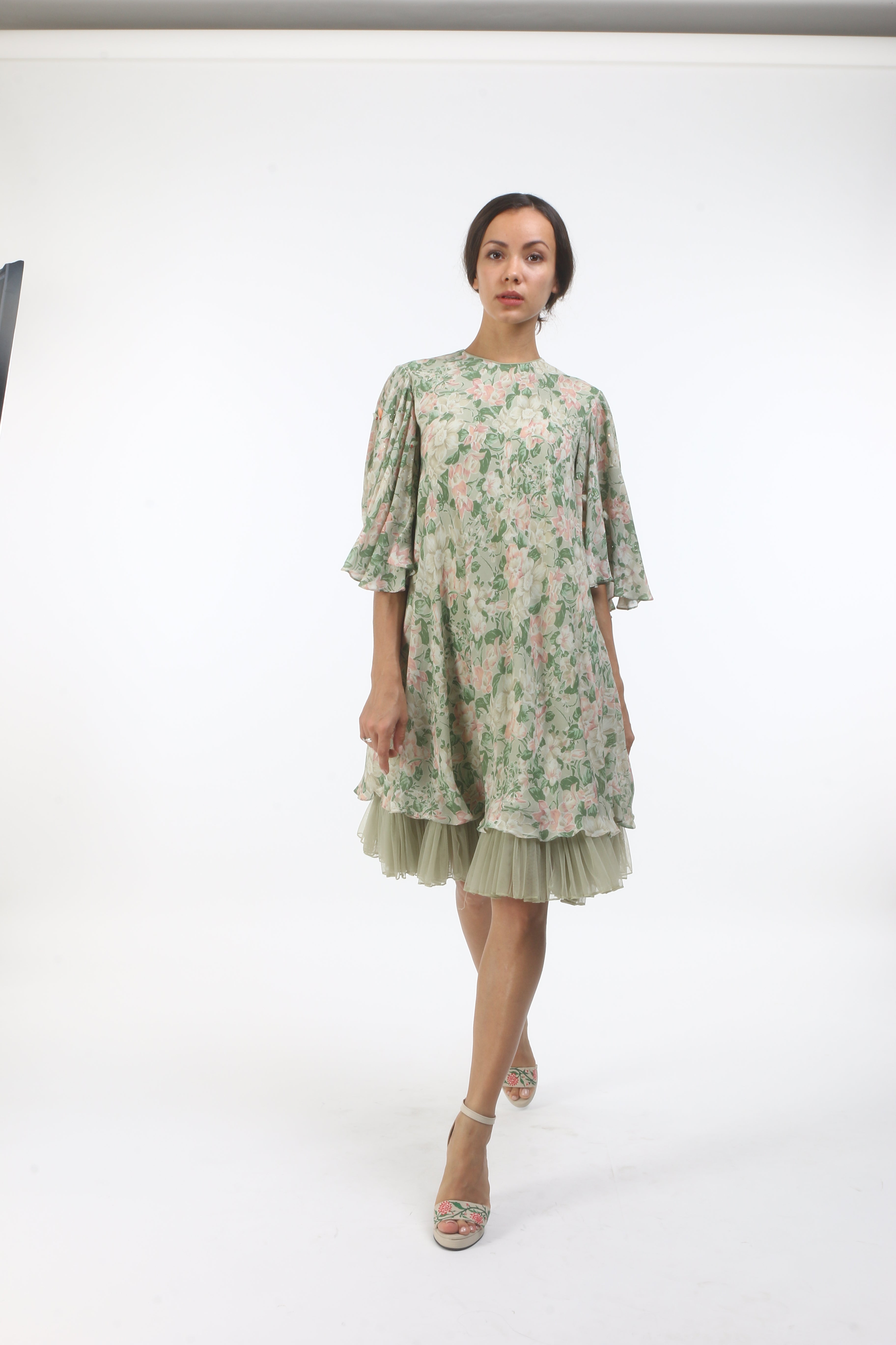 Bloom antique jade bibi jaal printed butterfly dress in crepe with tulle gathers.