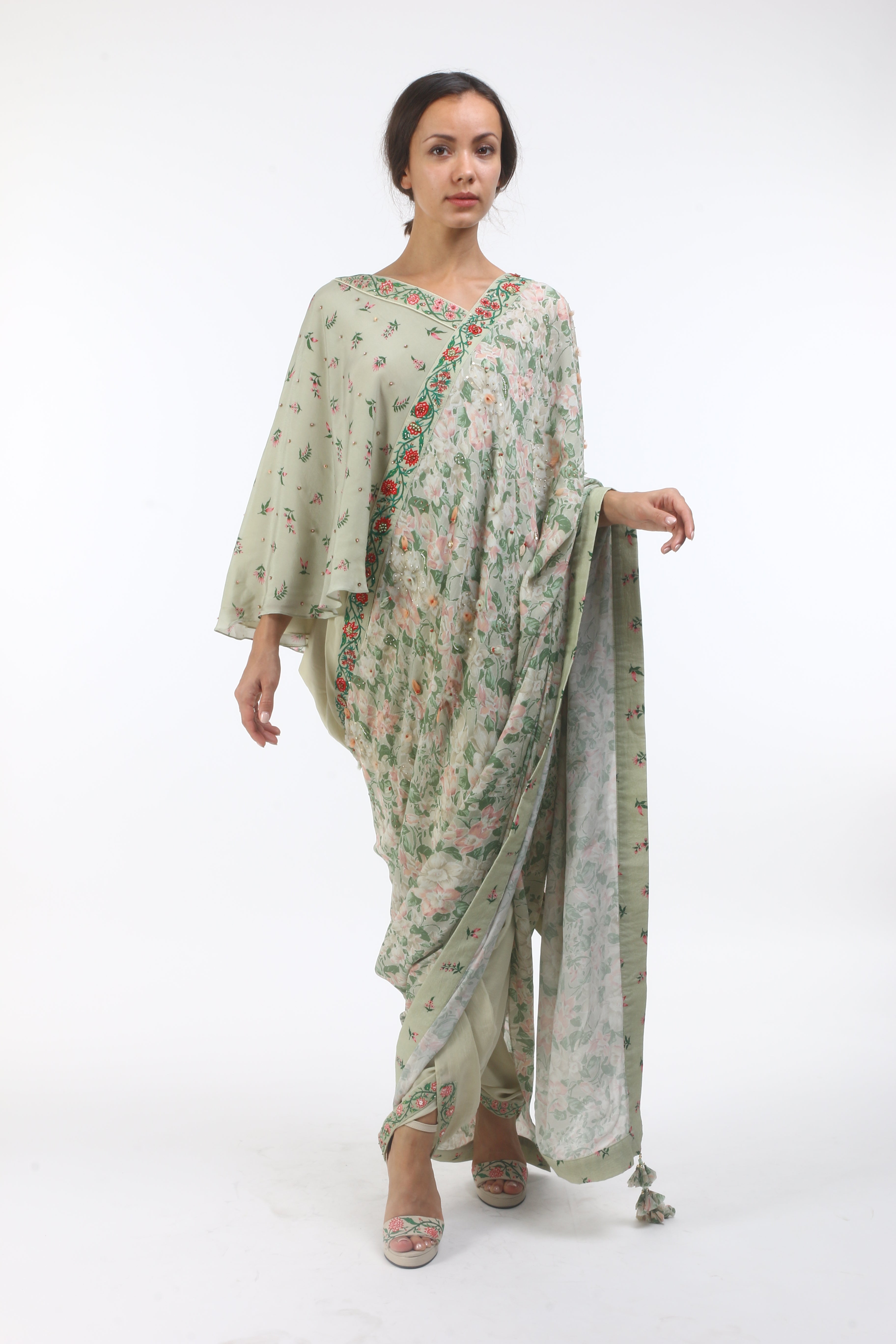 printed and embellished crepe dhoti saree with mumtaz bel border and bouquet printed one shoulder blouse.