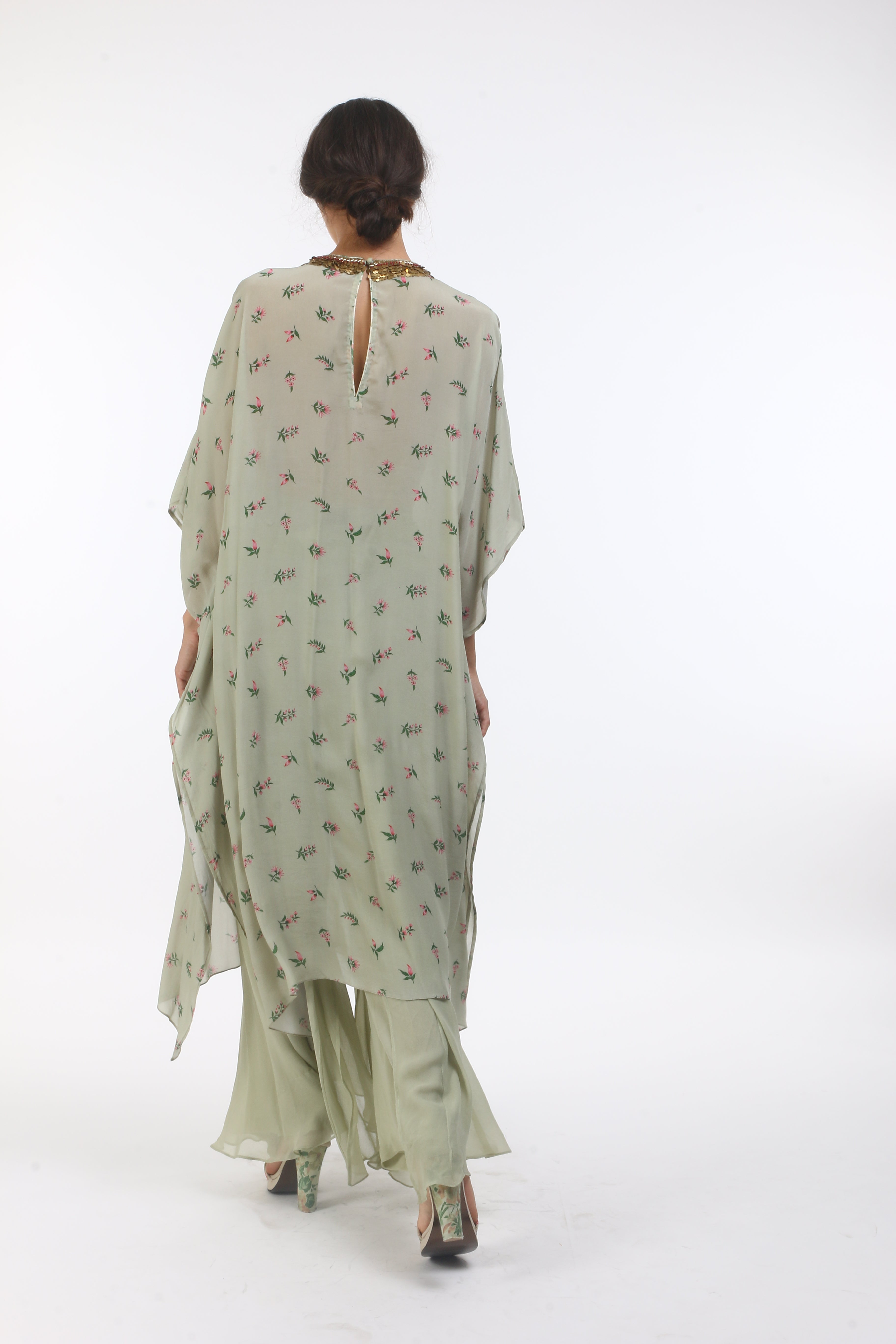 Bloom antique jade bouquet printed crepe kaftan with layered coin embroidered neckline and georgette front open sharara.