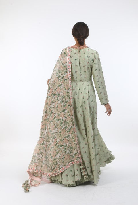 Bloom antique jade bouquet printed and embellished chanderi anarkali in french knot embroidered neckline,  with churidar and printed chiffon dupatta.