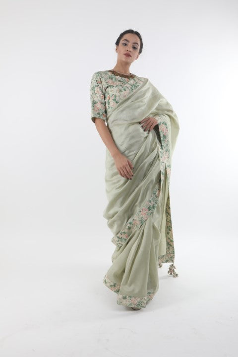 Bloom antique jade chanderi saree in bibi jaal printed border with printed & organza embroidered  cotton blouse.