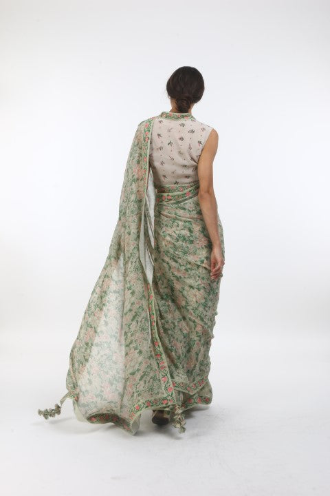 Bloom antique jade bibi jaal & mumtaz bel printed chiffon saree with bouquet & bel printed & embellished crepe blouse.
