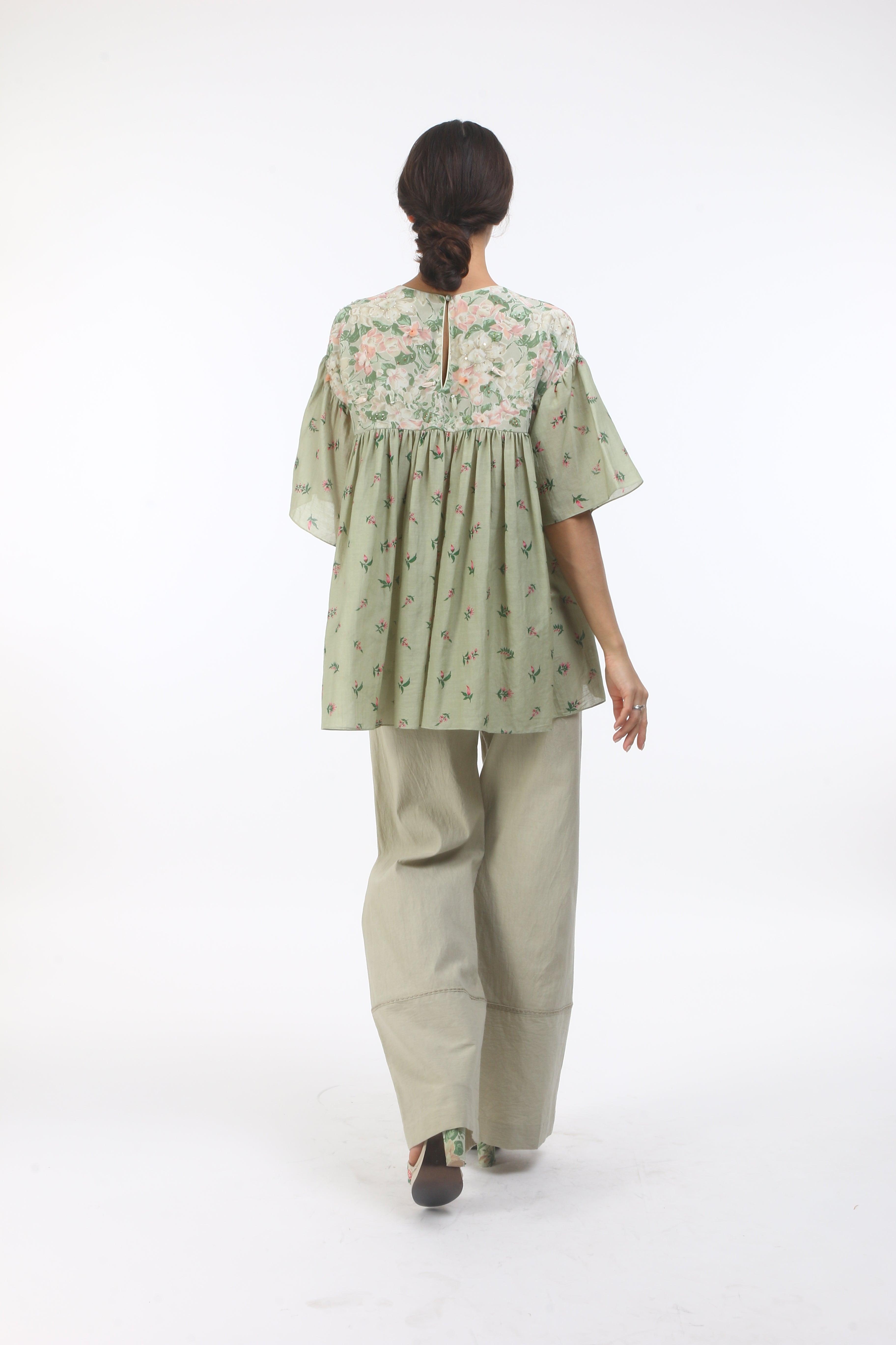 Bloom antique jade gathered cotton top with bouquet and bibi jaal print details.