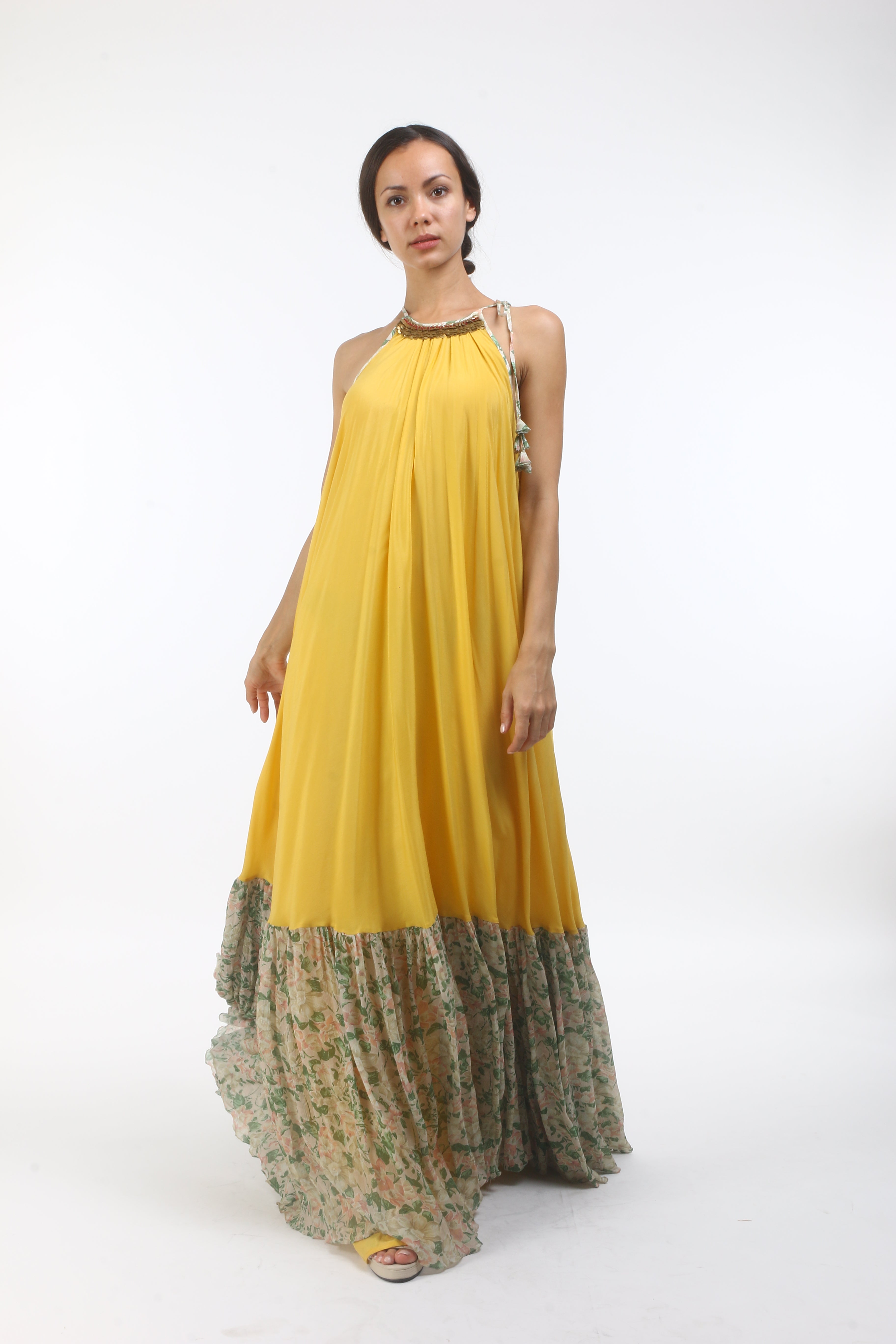 Bloom pitambari yellow halter dress in crepe, with bibi jaal printed chiffon gathers and layered coin embroidered neckline.