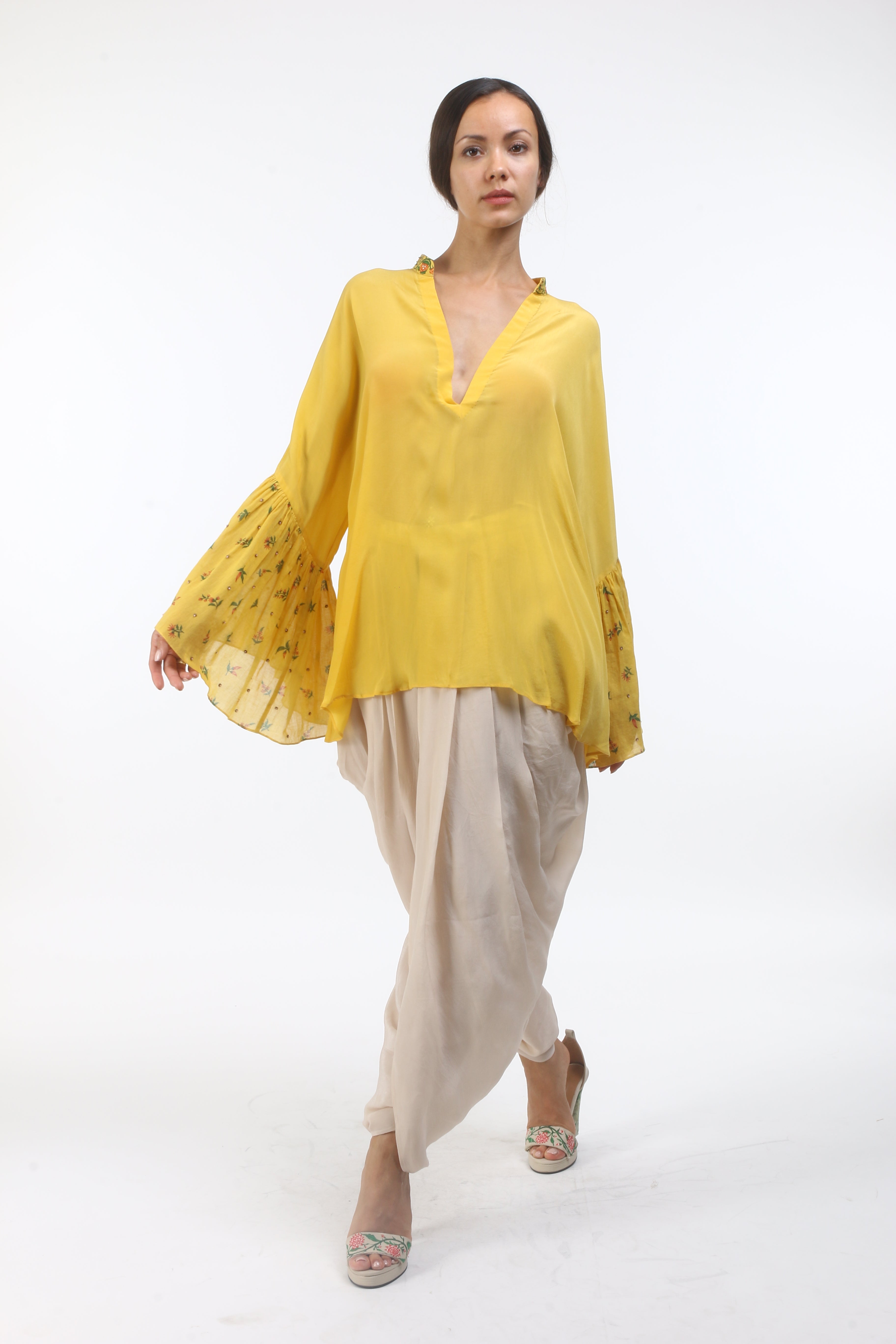Bloom pitambari yellow gathered bell sleeve top  in crepe, with bouquet and Mumtaz bel print details.