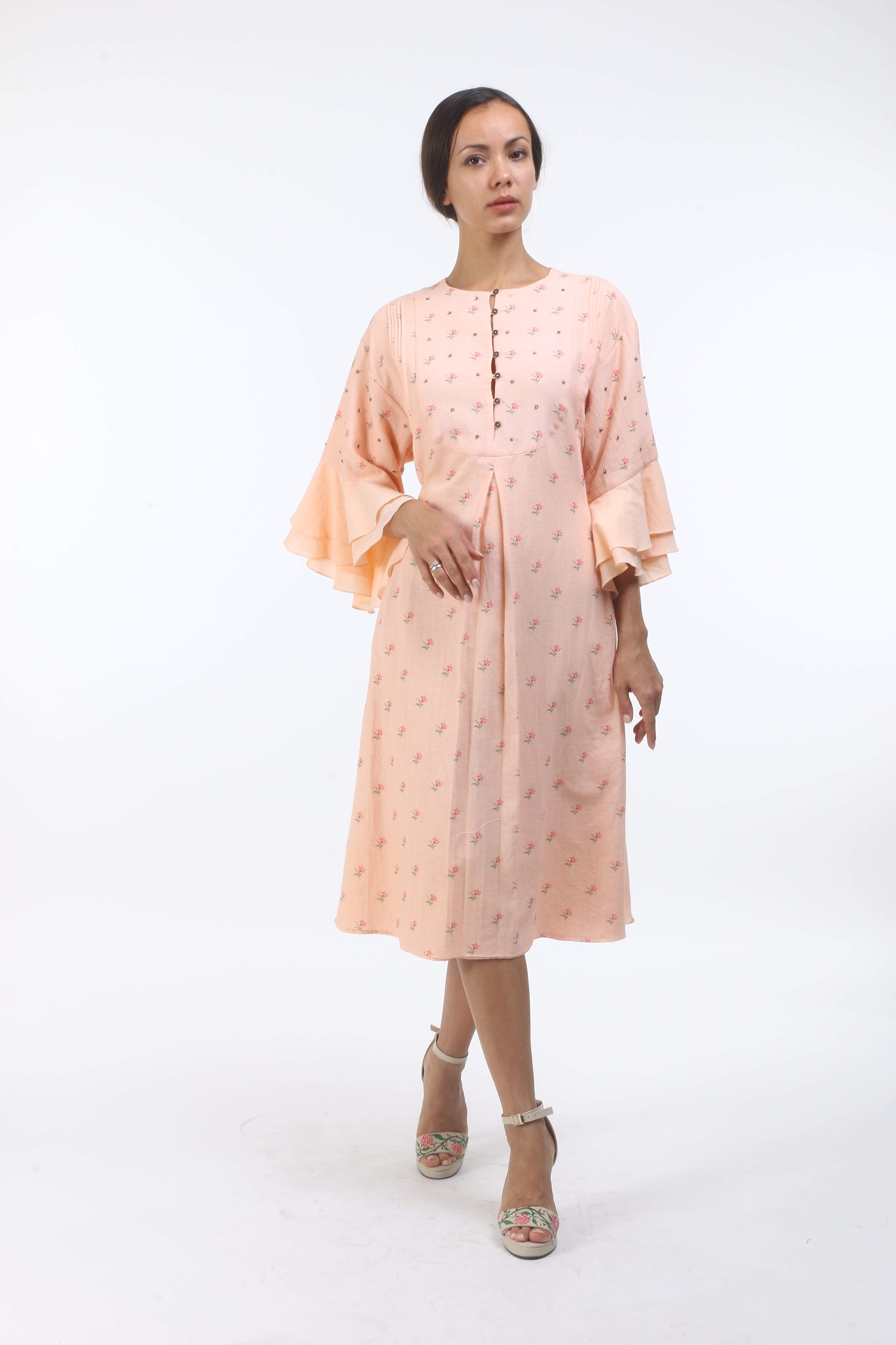 Bloom salmon pink taj printed inverted pleat dress in khadi.