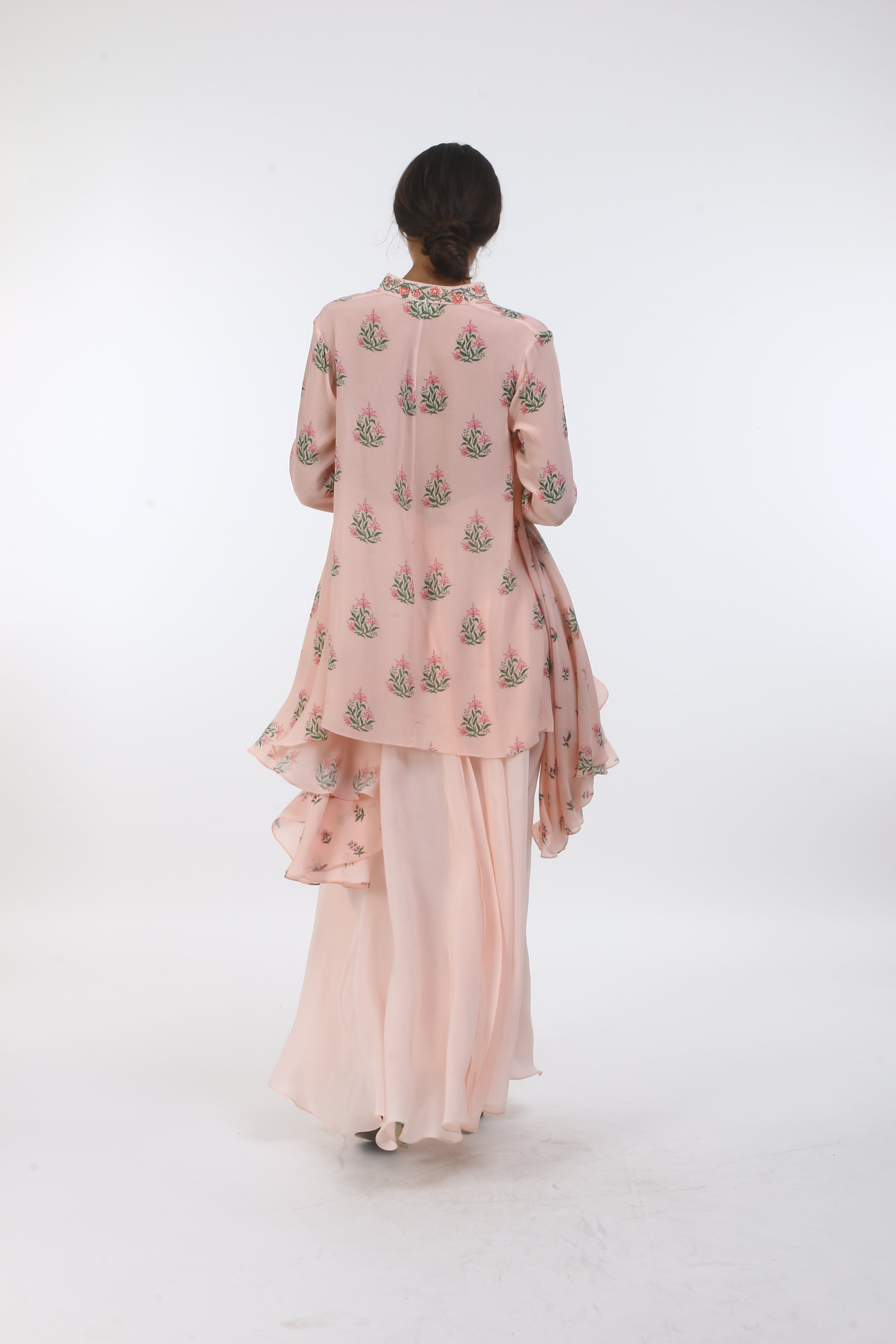 Bloom salmon pink hibiscus printed asymmetrical crepe tunic with bouquet side godet’s and front open sharara.