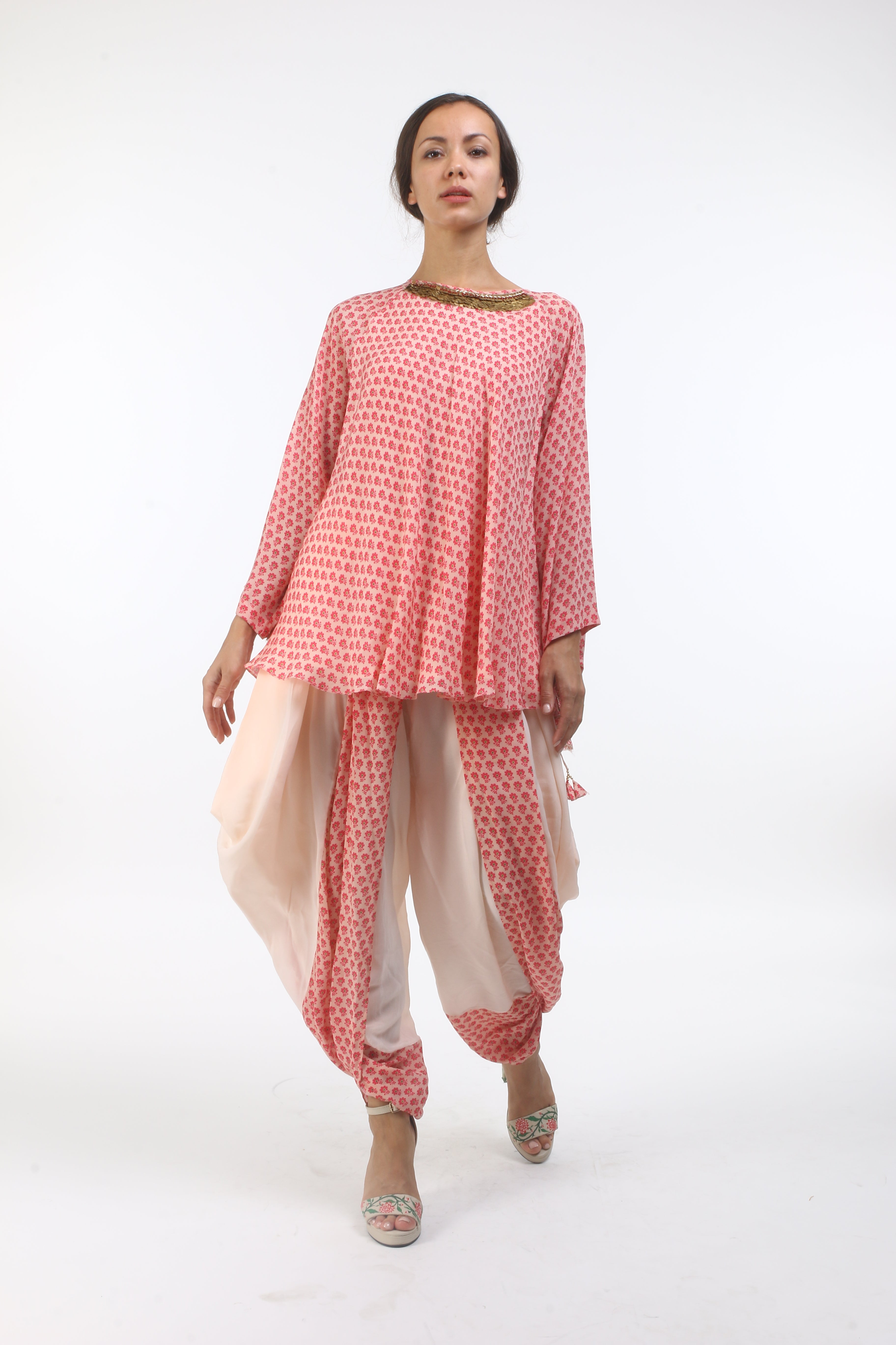 Bloom salmon pink poppy printed back open top with frill details,  & layered coin embroidered neckline, paired with a printed front panel dhoti.