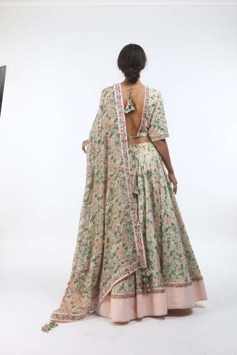 Bloom salmon pink bibi jaal printed chanderi lehenga with organza embroidered cotton blouse in French knot embroidered neckline and chiffon dupatta.