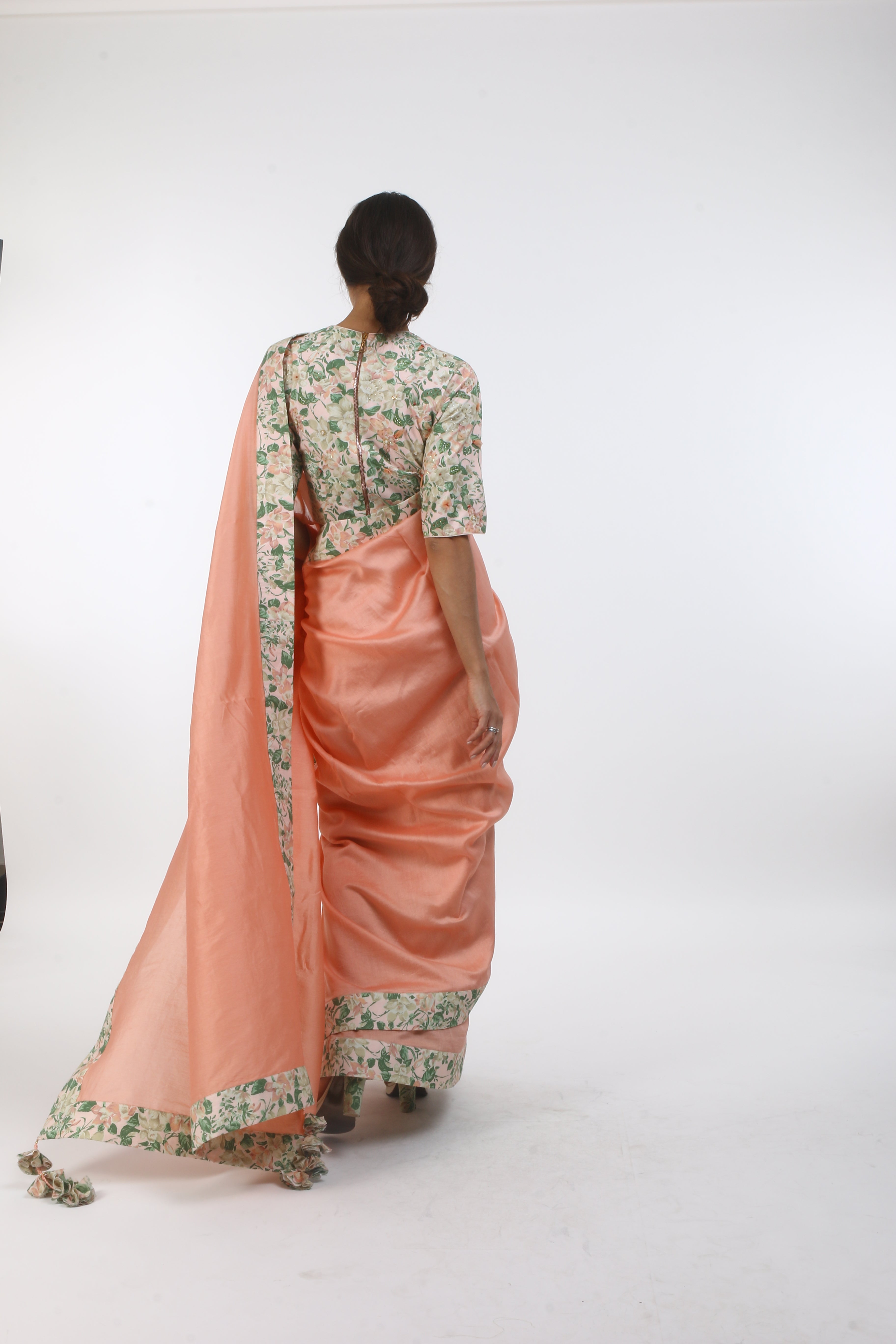 Bloom salmon pink chanderi saree in bibi jaal printed border with printed & organza embroidered  cotton blouse.