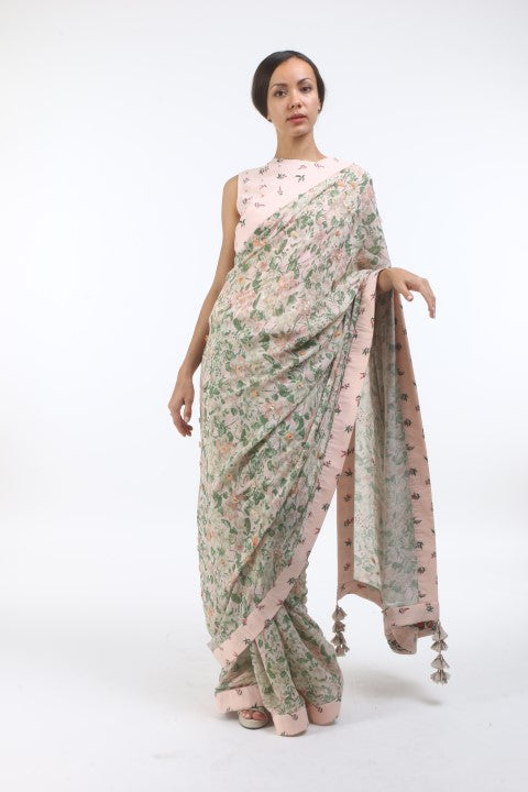 Bloom salmon pink bibi jaal & bouquet printed and embroidered saree in crepe, with bouquet printed back open blouse.