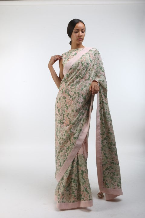 Bloom salmon pink bibi jaal & bouquet printed and embroidered saree in crepe, with bouquet printed back open blouse.