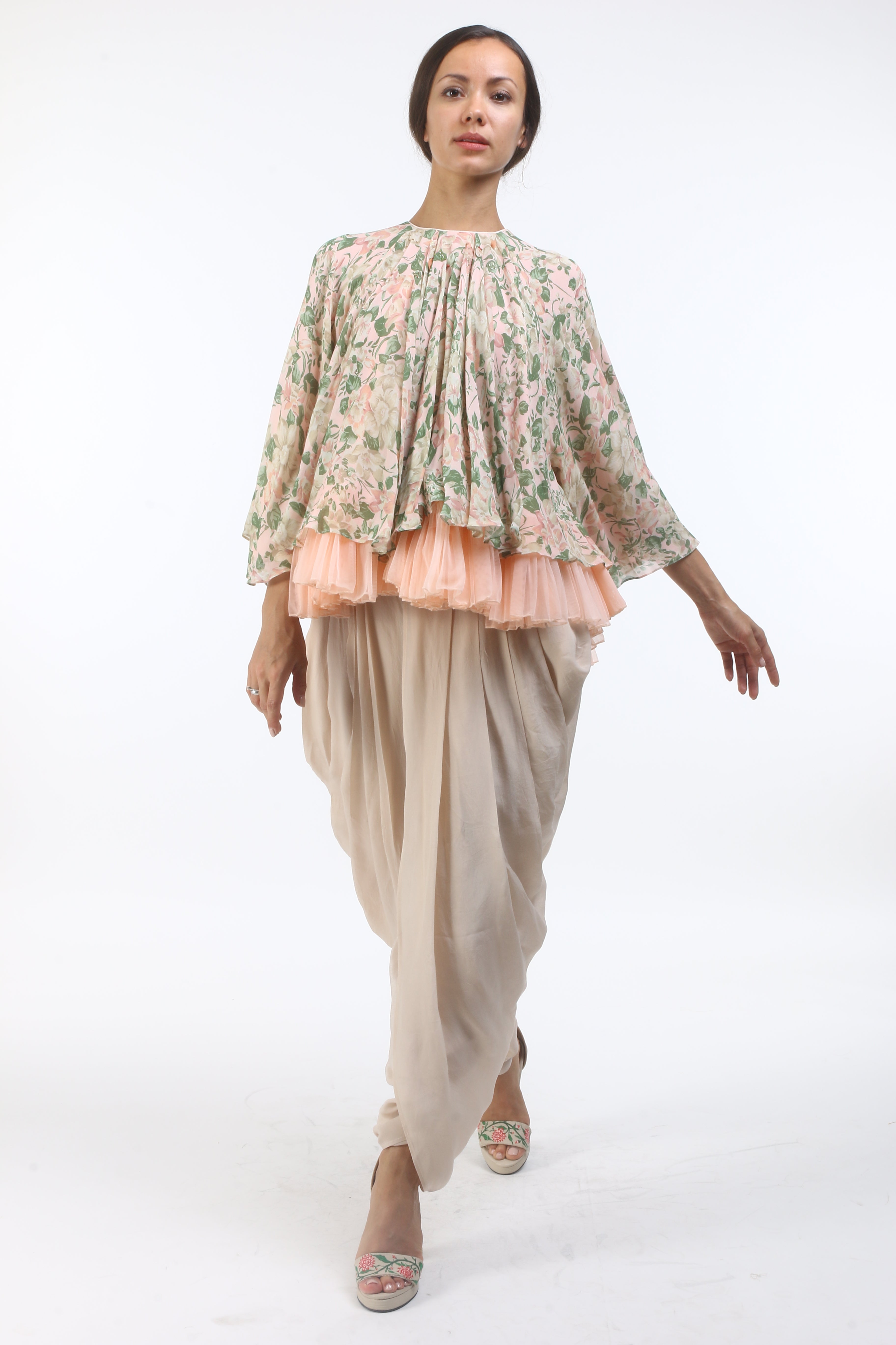 Bloom salmon pink bibi jaal printed flared top with tulle under layer.
