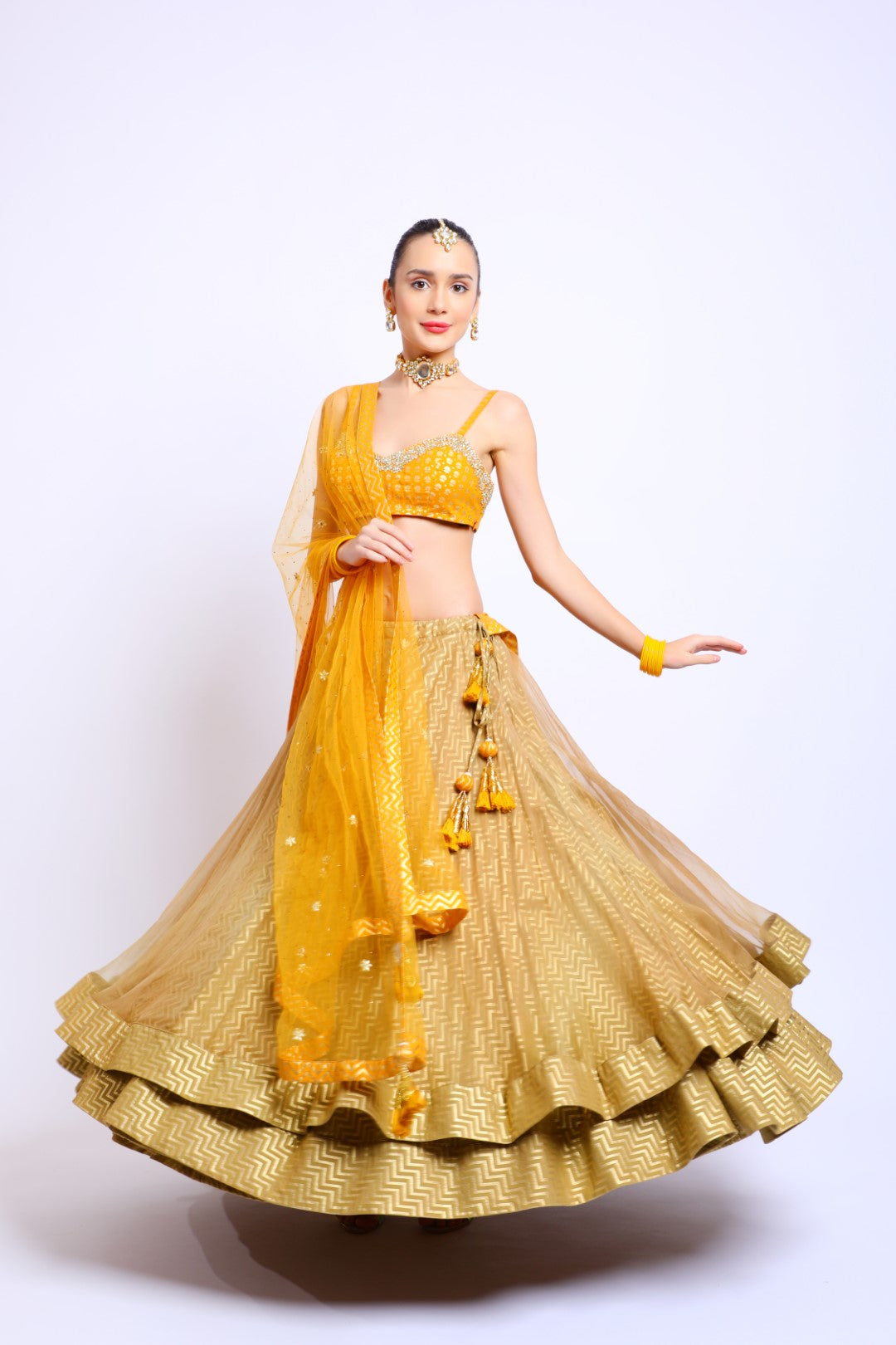 Ochre Cotton Silk Embroidered Blouse with Tobacco Organza Double layer lehenga & Emb Dupatta