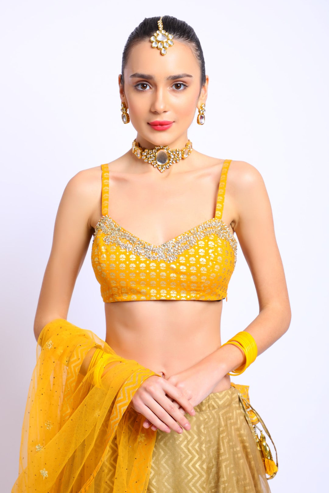 Ochre Cotton Silk Embroidered Blouse with Tobacco Organza Double layer lehenga & Emb Dupatta