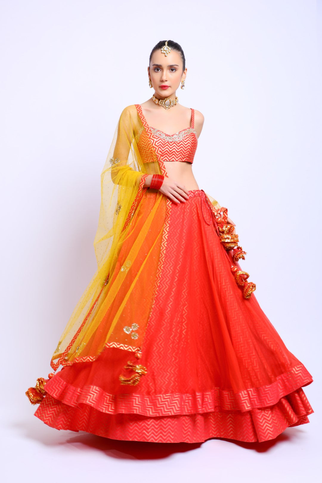 Coral Red Cotton Silk Embroidered Blouse with Organza Double layer lehenga & Emb Dupatta