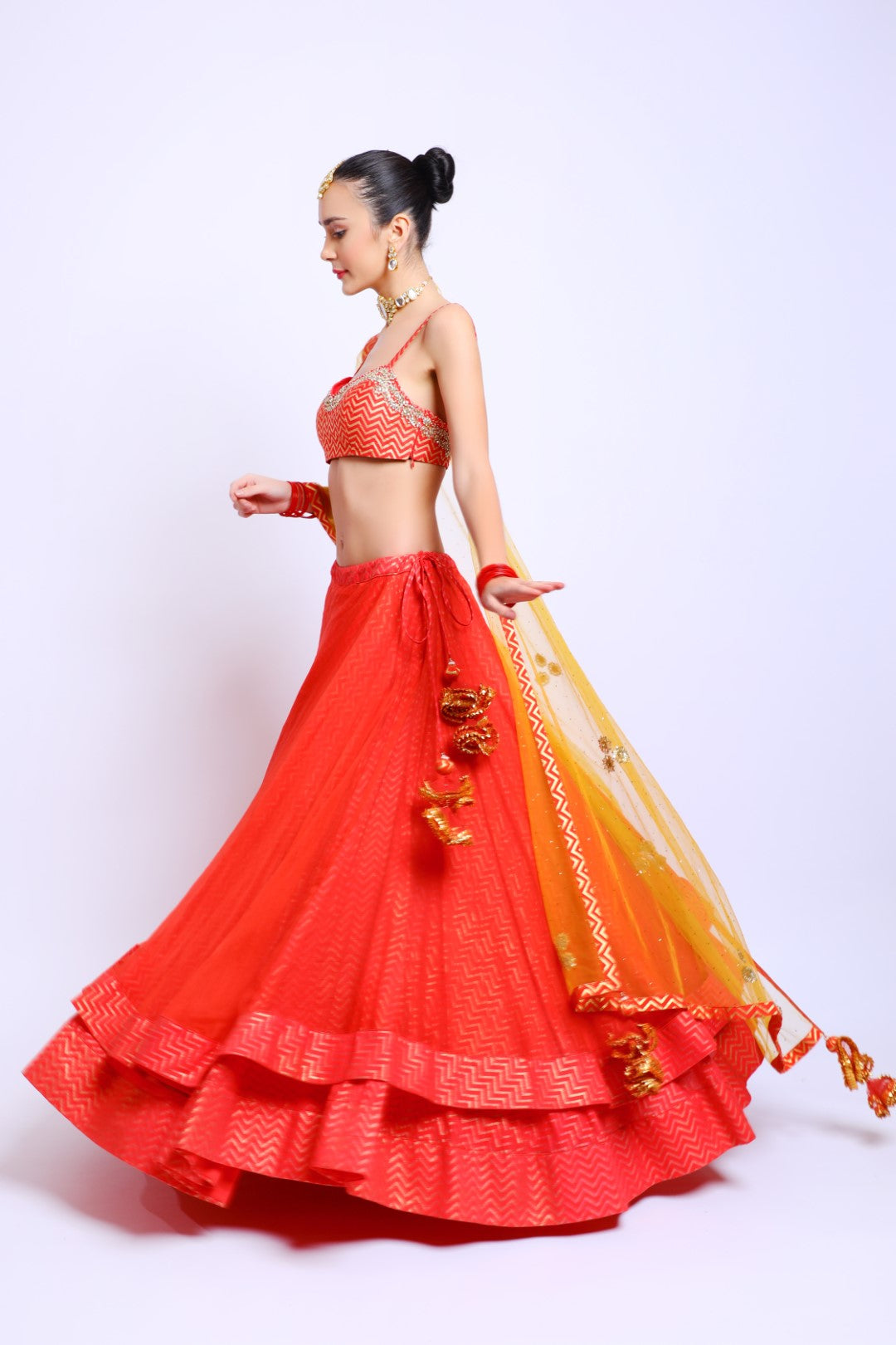 Coral Red Cotton Silk Embroidered Blouse with Organza Double layer lehenga & Emb Dupatta