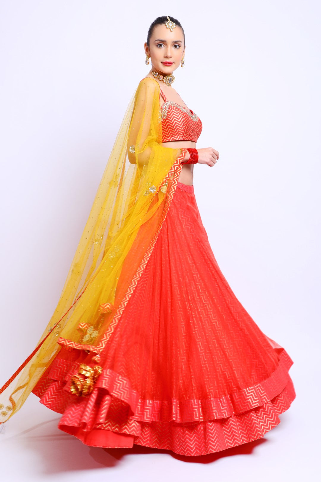 Coral Red Cotton Silk Embroidered Blouse with Organza Double layer lehenga & Emb Dupatta
