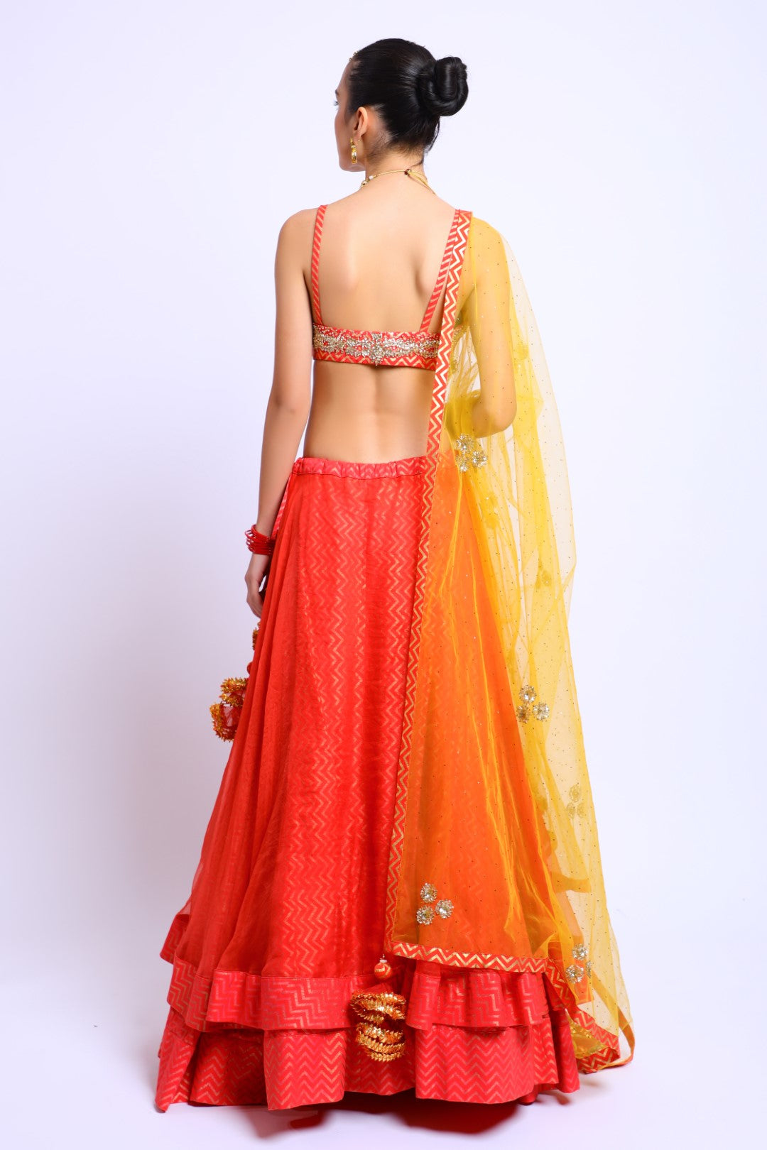 Coral Red Cotton Silk Embroidered Blouse with Organza Double layer lehenga & Emb Dupatta