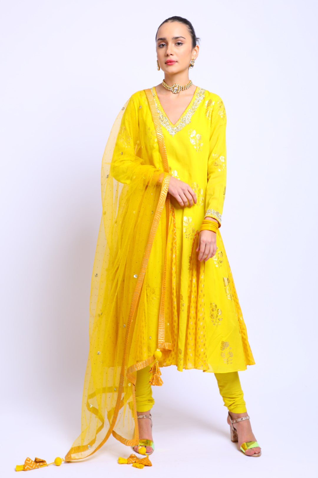 Yellow Crepe Embroidered Godet Kalis Kurta with Churidar and Embroidered Dupatta