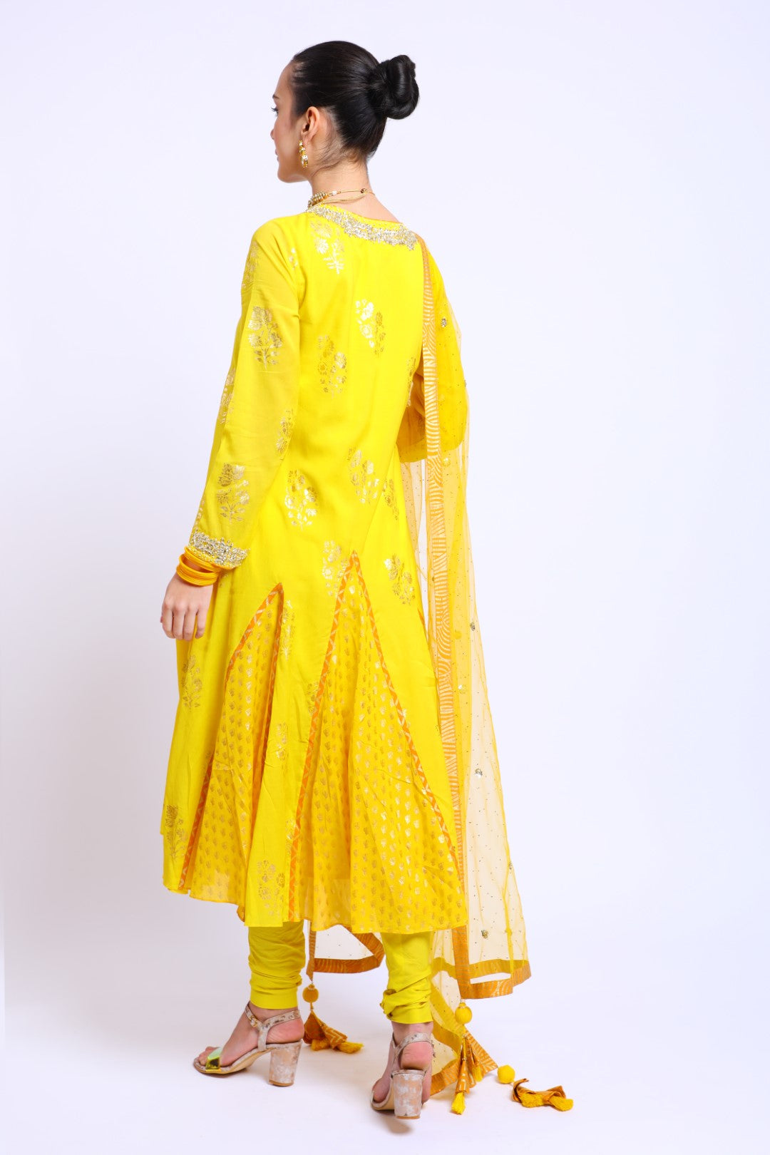 Yellow Crepe Embroidered Godet Kalis Kurta with Churidar and Embroidered Dupatta