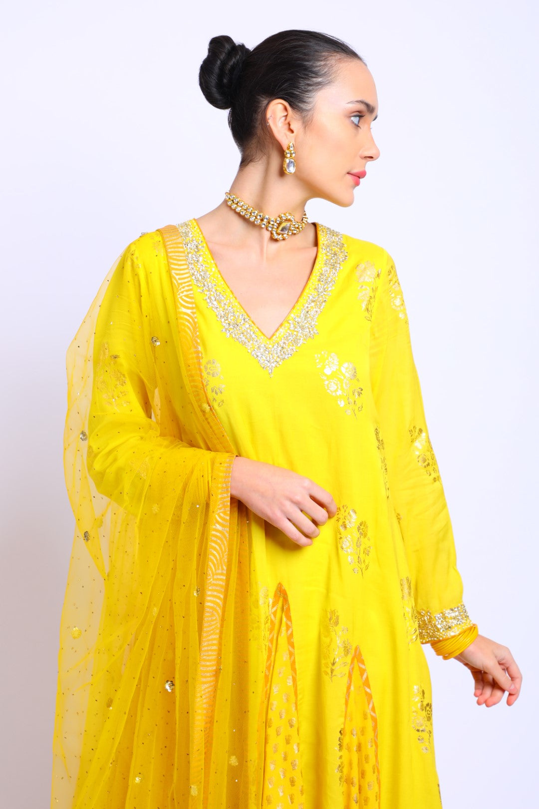 Yellow Crepe Embroidered Godet Kalis Kurta with Churidar and Embroidered Dupatta