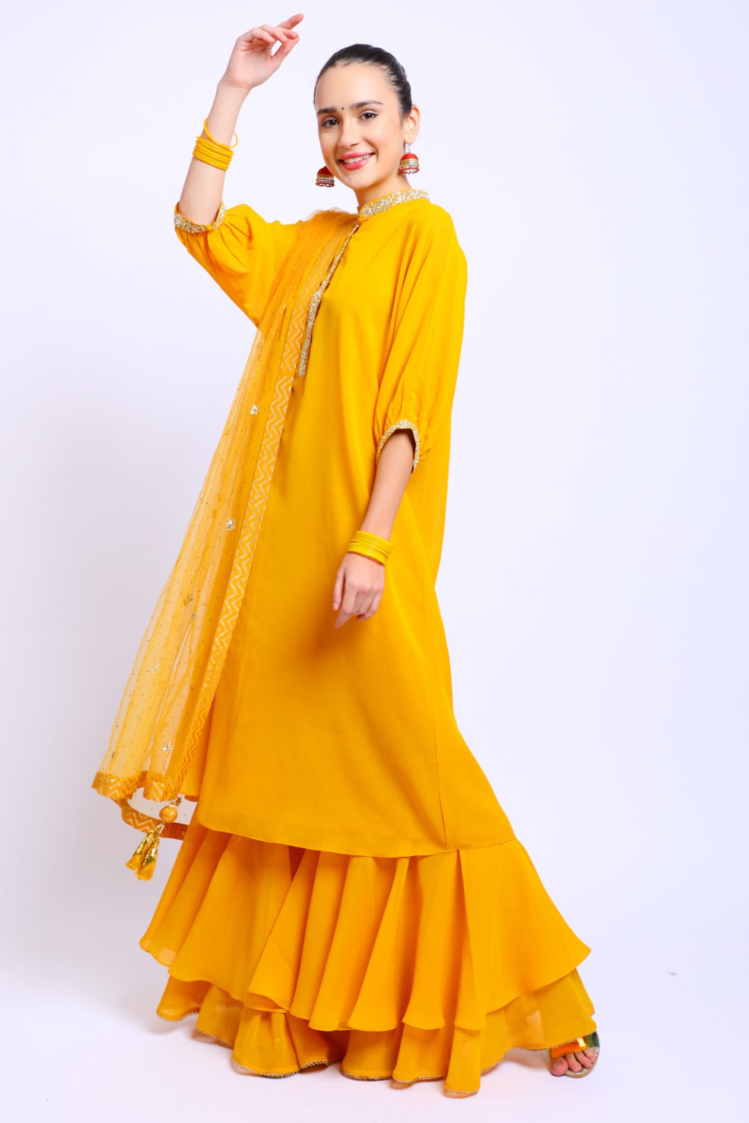 Ochre Georgette Collar Embroidered Kurta, Sharara & Dupatta Set