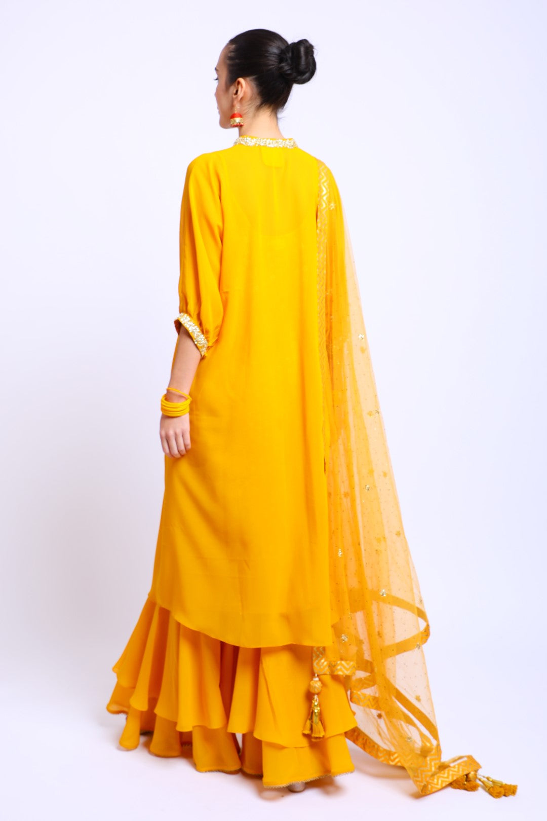 Ochre Georgette Collar Embroidered Kurta, Sharara & Dupatta Set