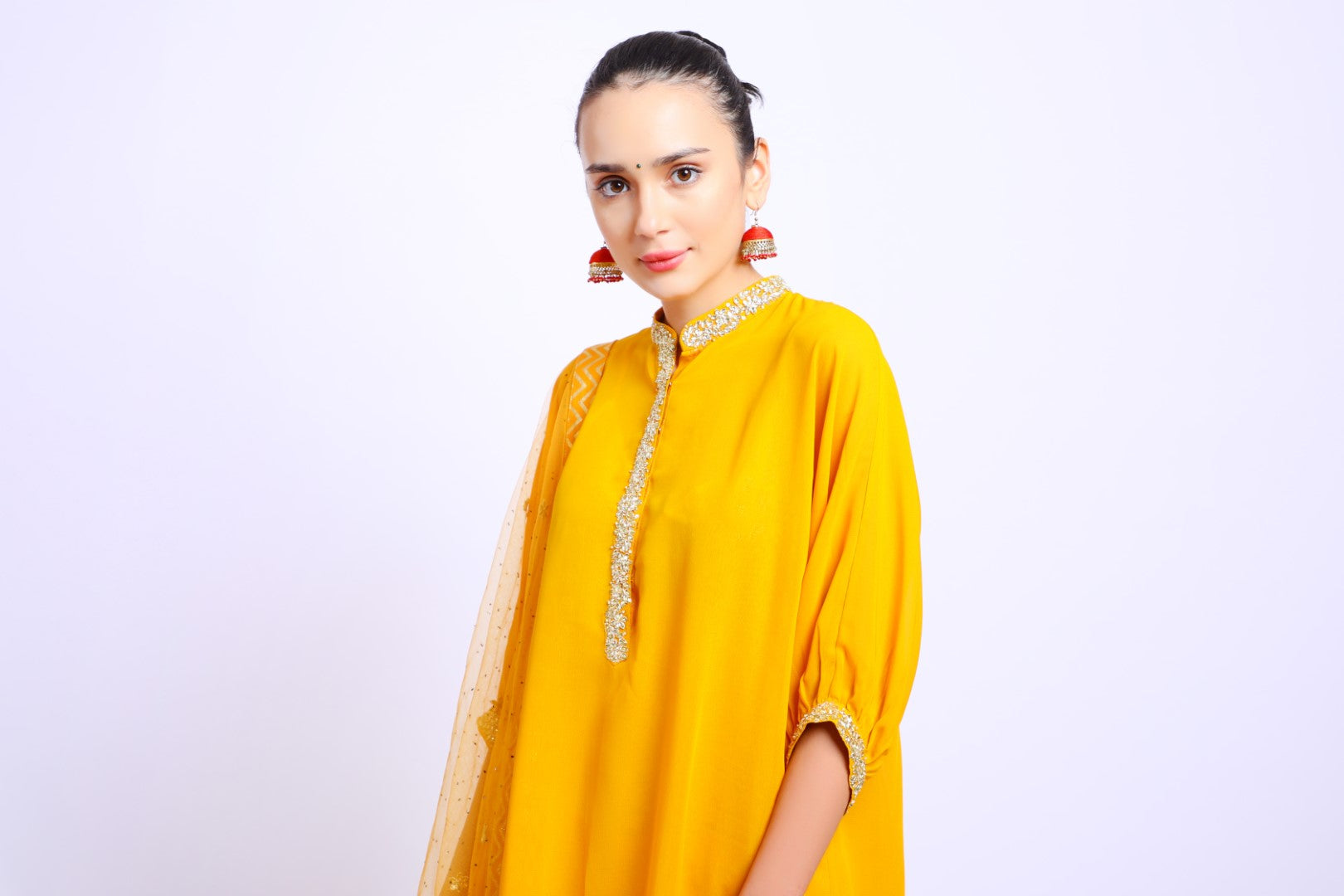 Ochre Georgette Collar Embroidered Kurta, Sharara & Dupatta Set