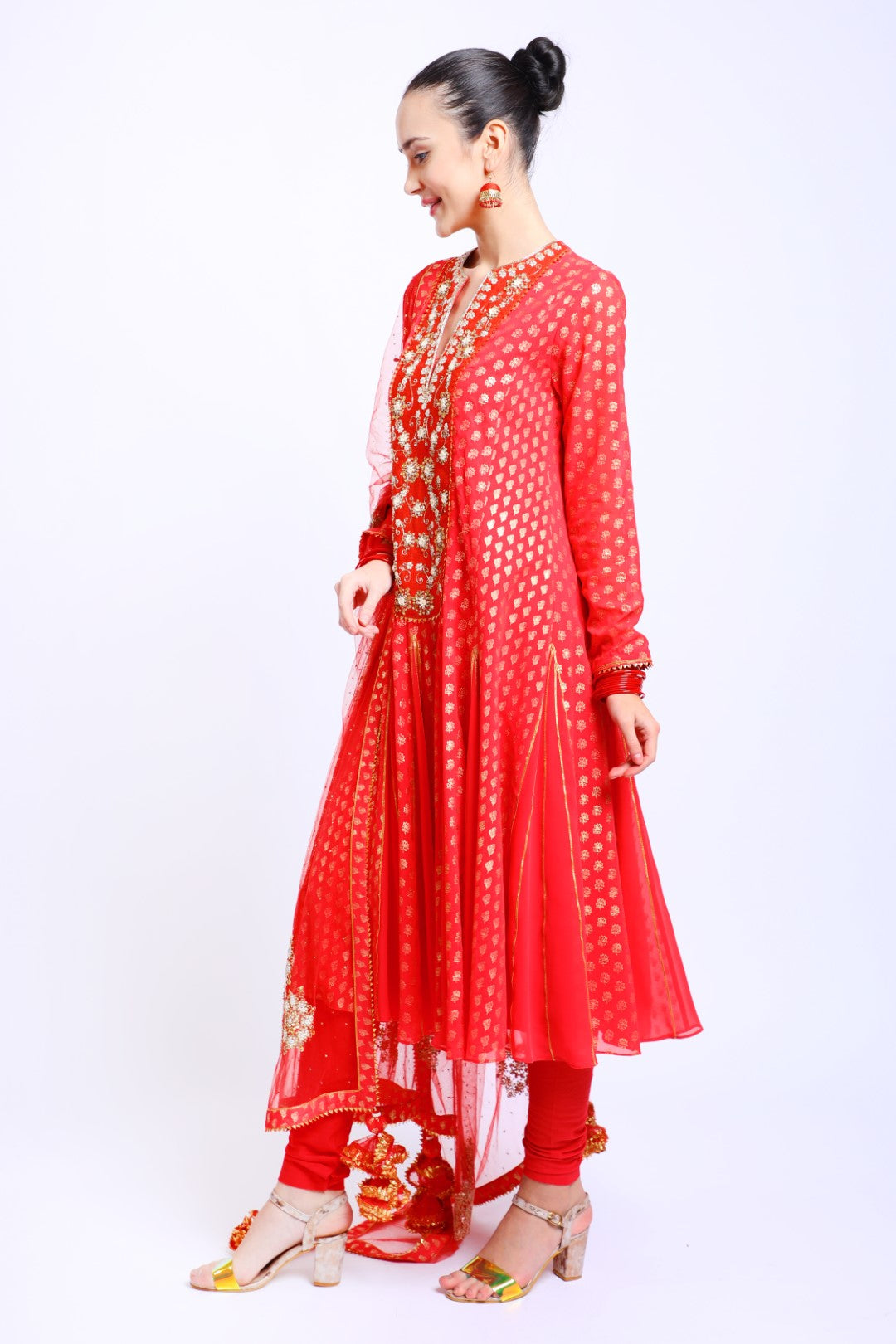 Coral Red Georgette Godet Kalis Kurta in Silk Embroidered Yoke paired with Emb Dupatta & Churidar
