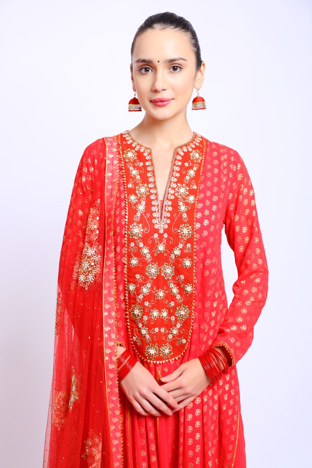 Coral Red Georgette Godet Kalis Kurta in Silk Embroidered Yoke paired with Emb Dupatta & Churidar