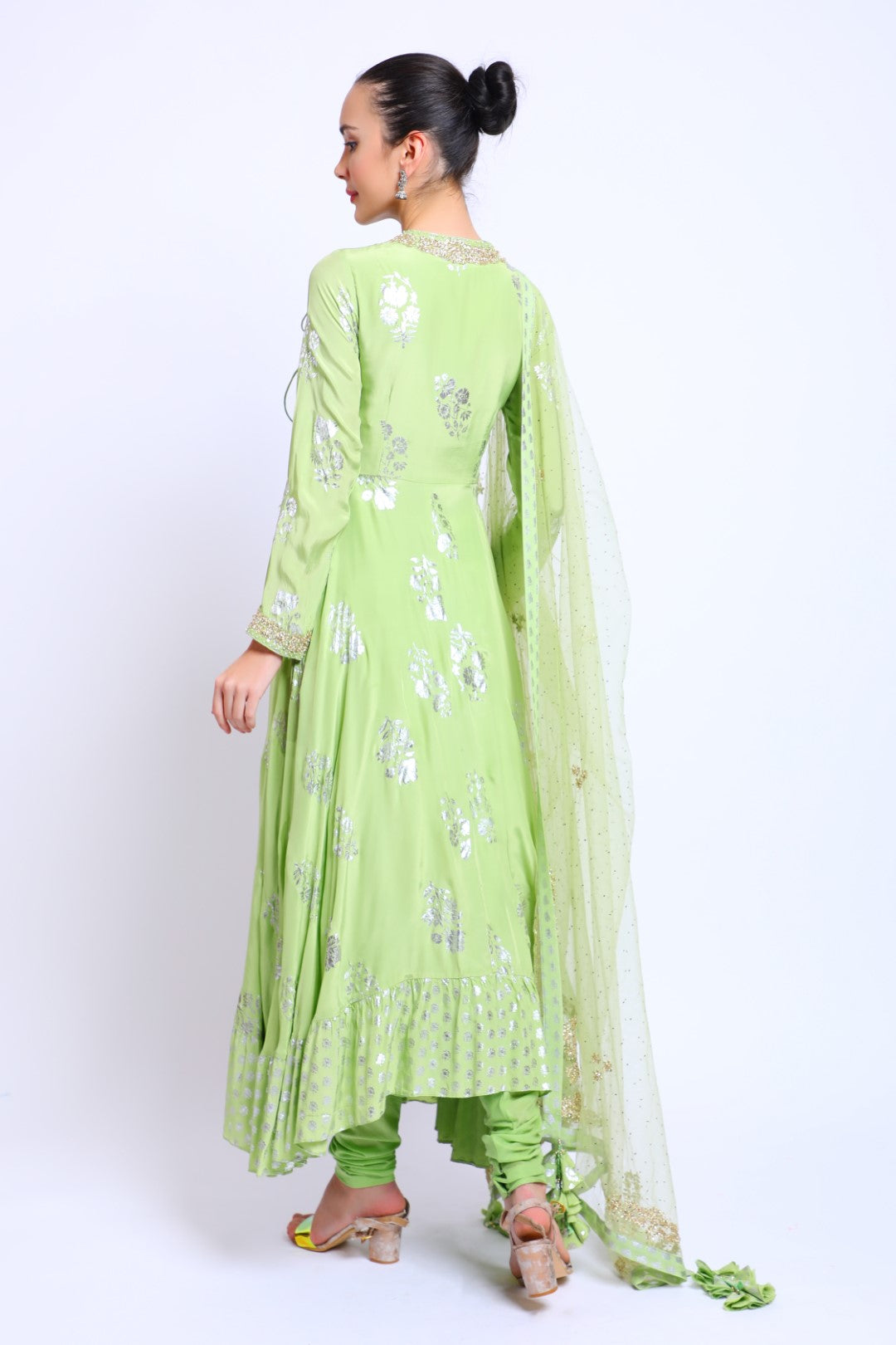 Aqua Green Crepe Embroidered Angrakha with Emb Dupatta and Churidar