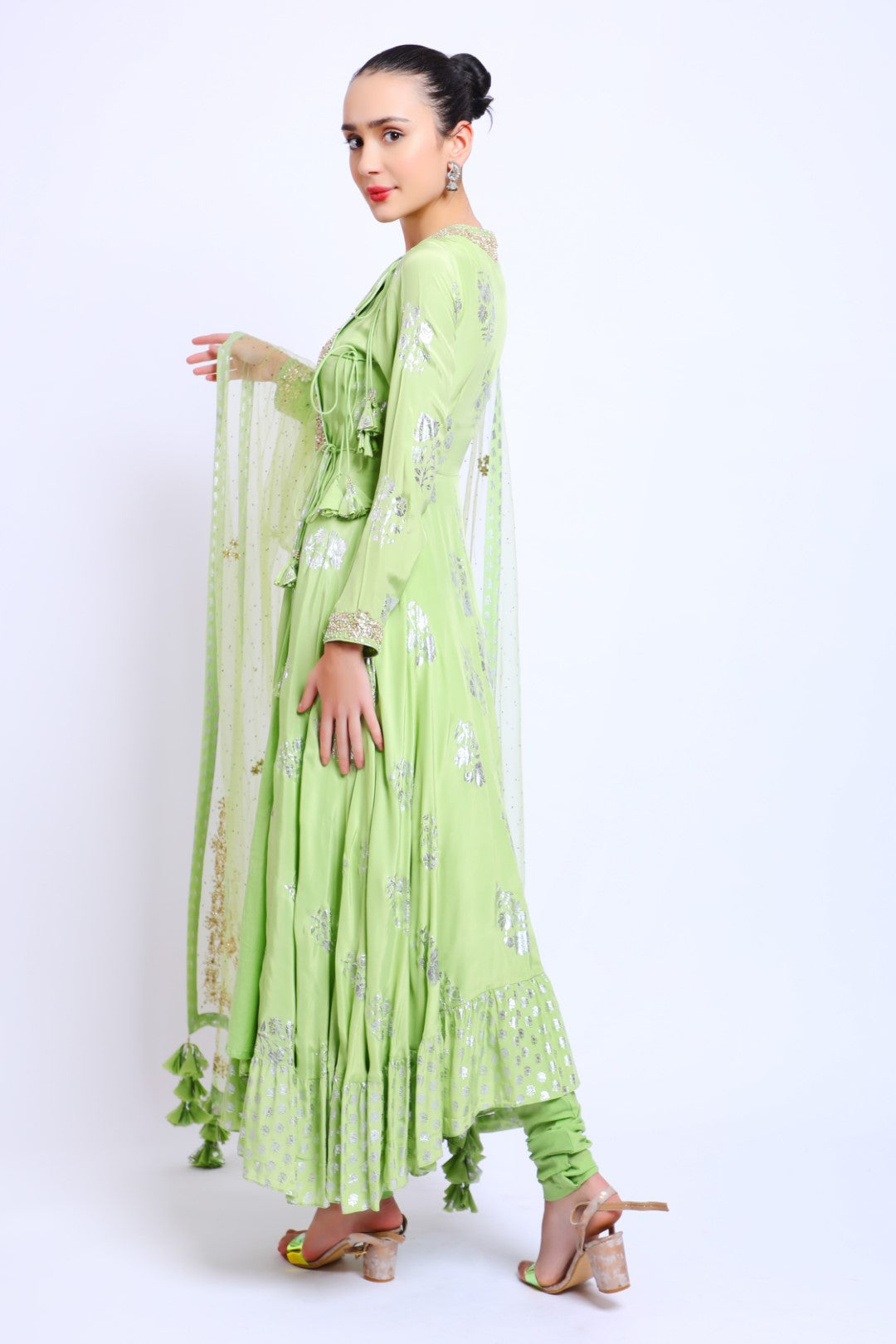 Aqua Green Crepe Embroidered Angrakha with Emb Dupatta and Churidar