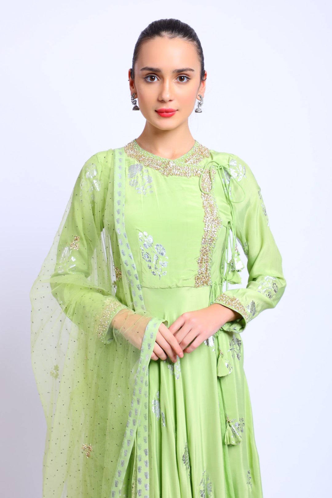 Aqua Green Crepe Embroidered Angrakha with Emb Dupatta and Churidar