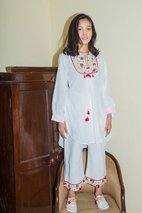 Hand Woven Cotton Emb. Yoke Tunic-Set Paired With Emb Palazzo and Tassels detailing. Azo Free
