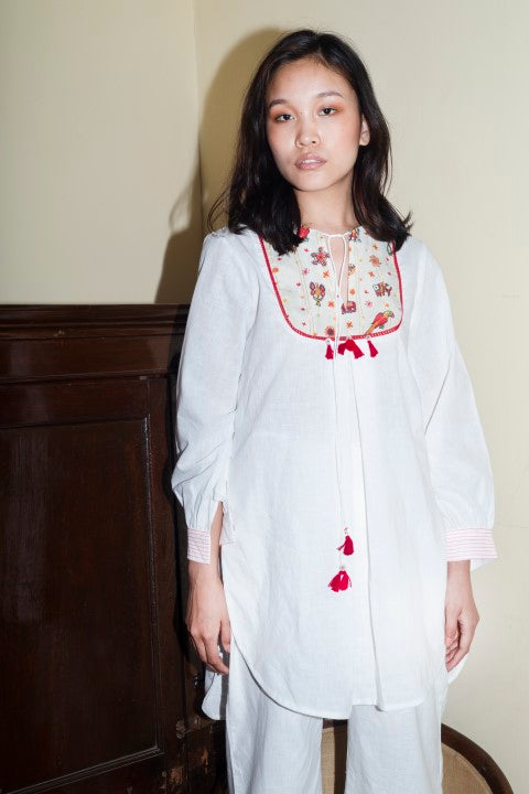 Hand Woven Cotton Emb. Yoke Tunic-Set Paired With Emb Palazzo and Tassels detailing. Azo Free